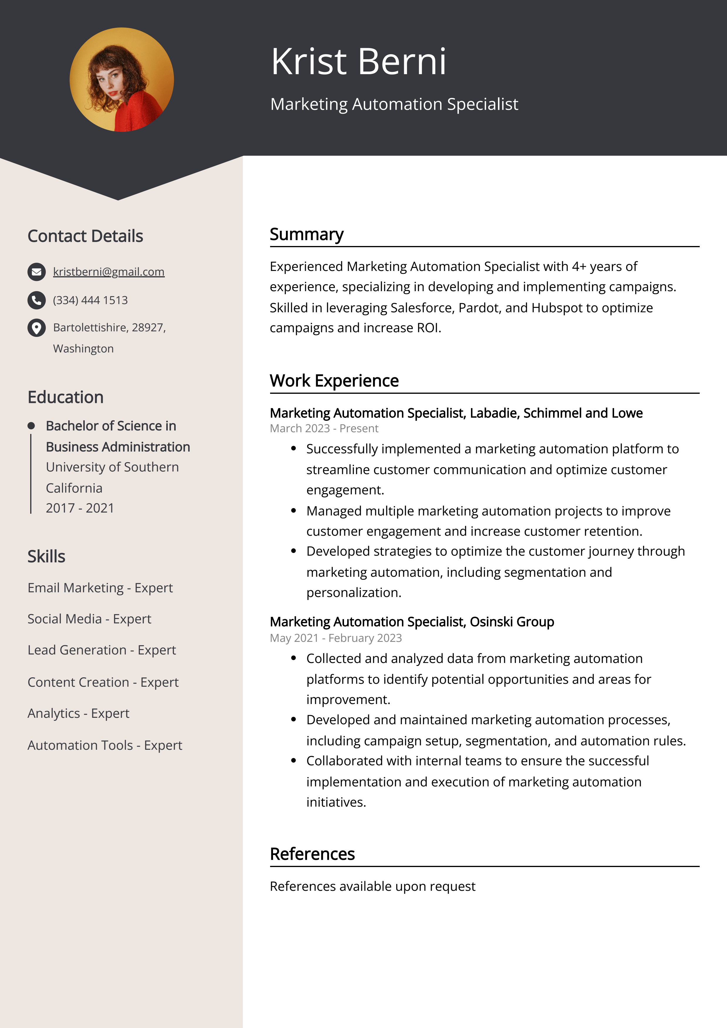 Marketing Automation Specialist Resume Example