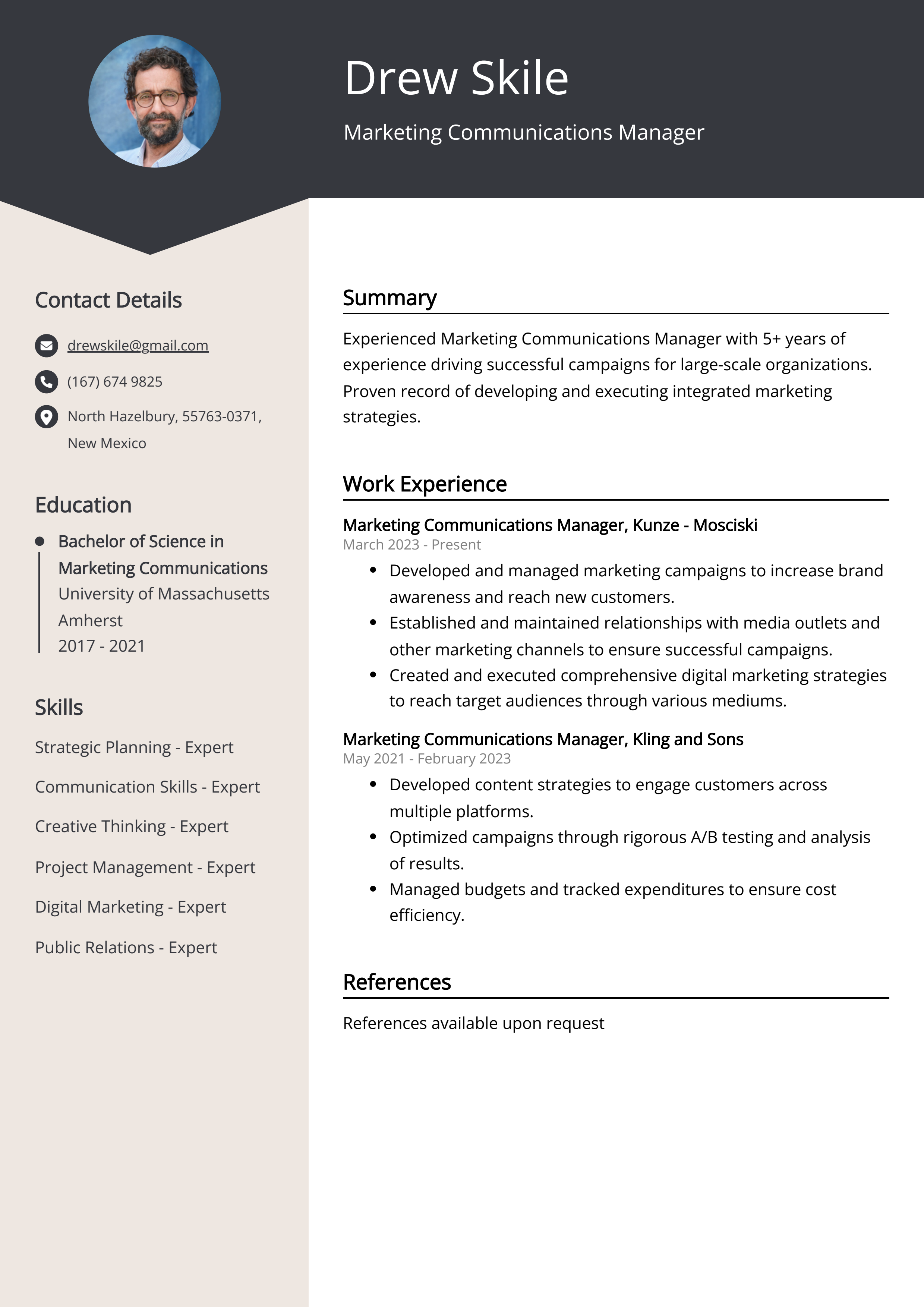 Marketing Communications Manager Resume Example