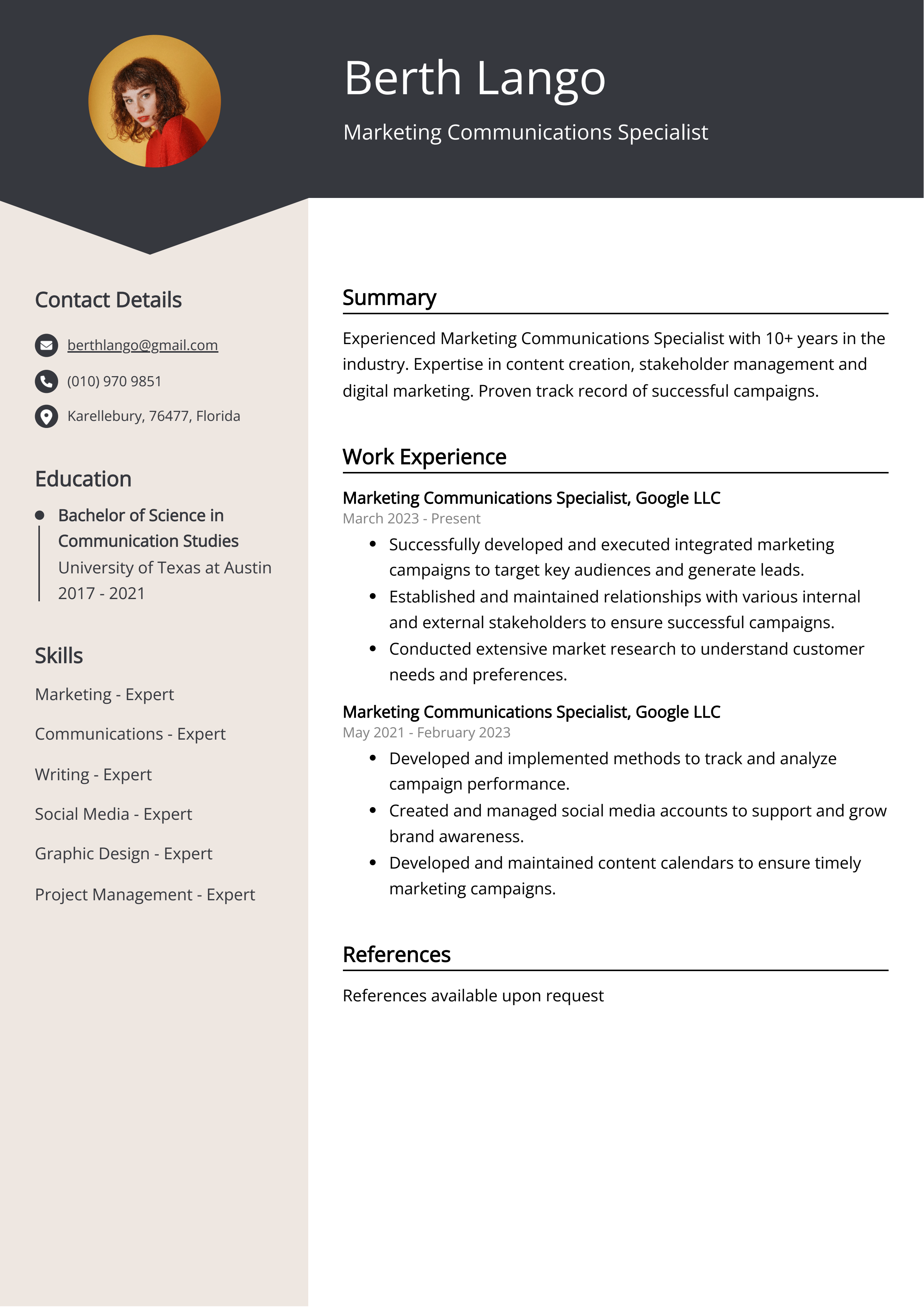 Marketing Communications Specialist Resume Example