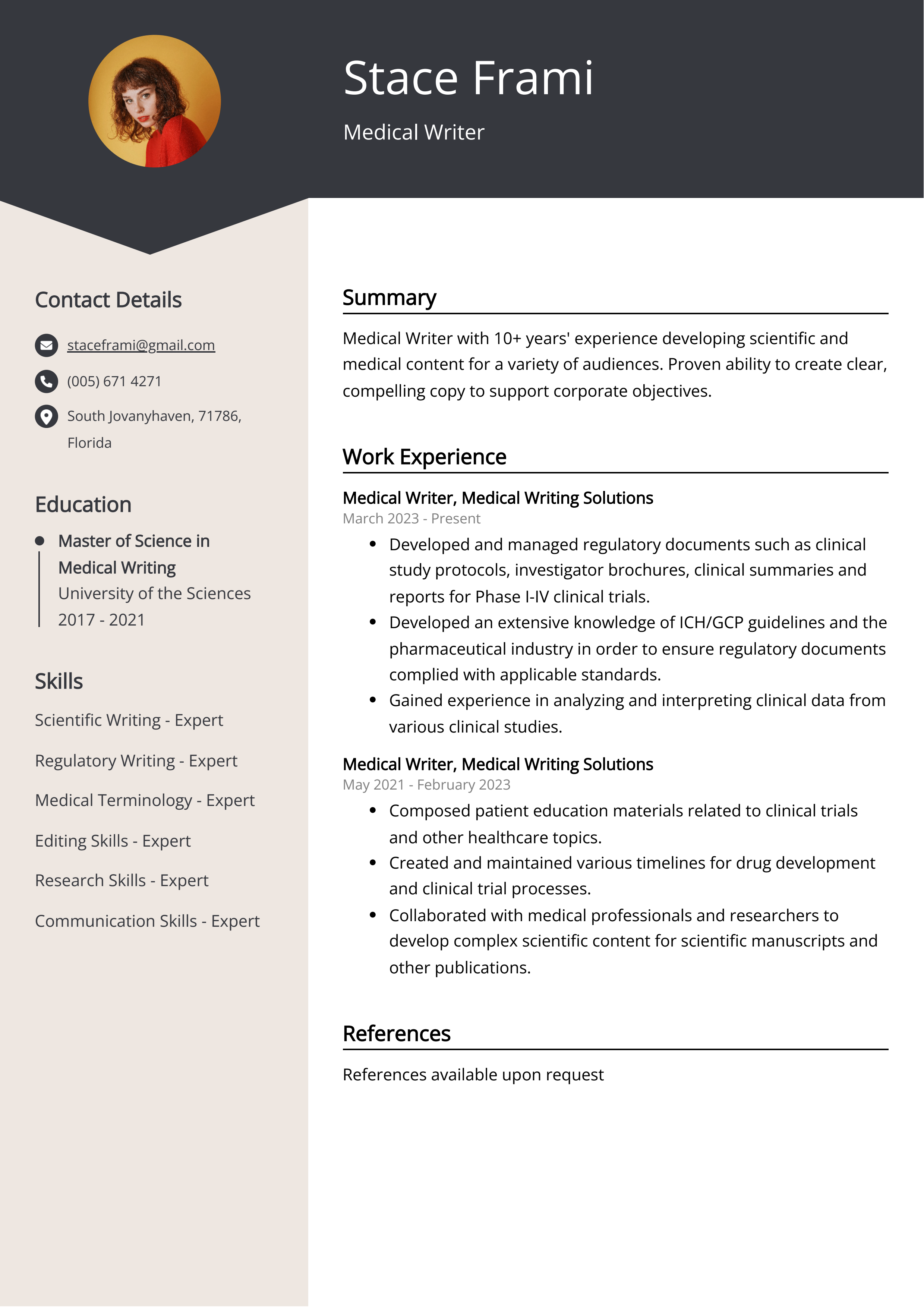 Medical Writer Resume Example