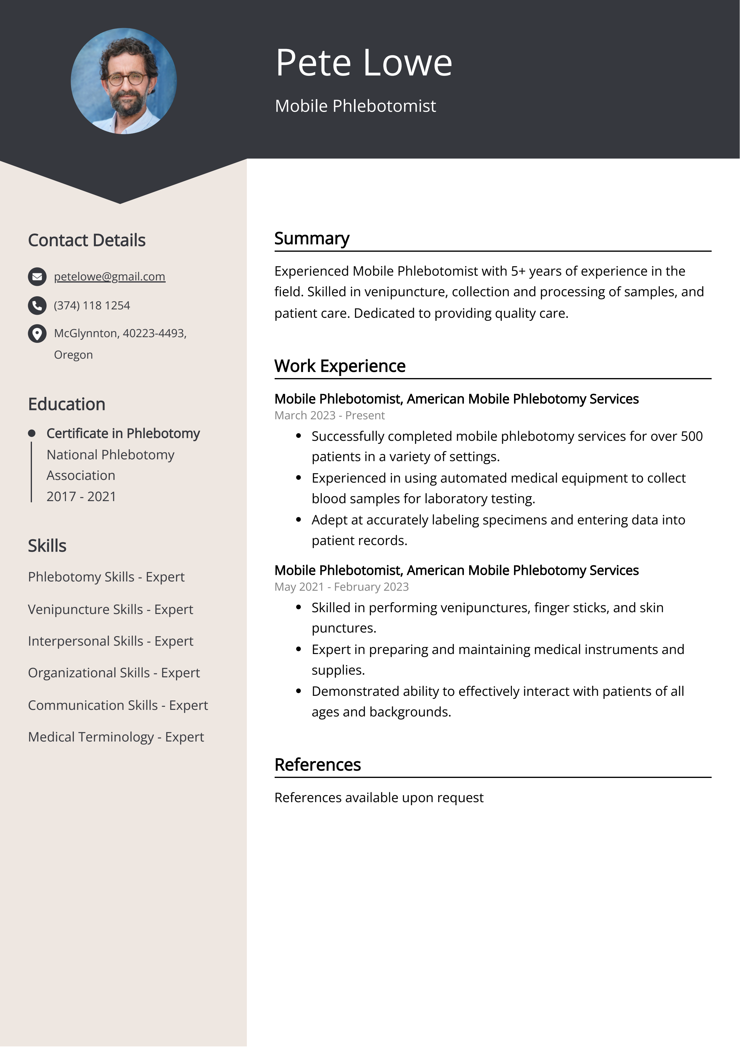 Mobile Phlebotomist Resume Example