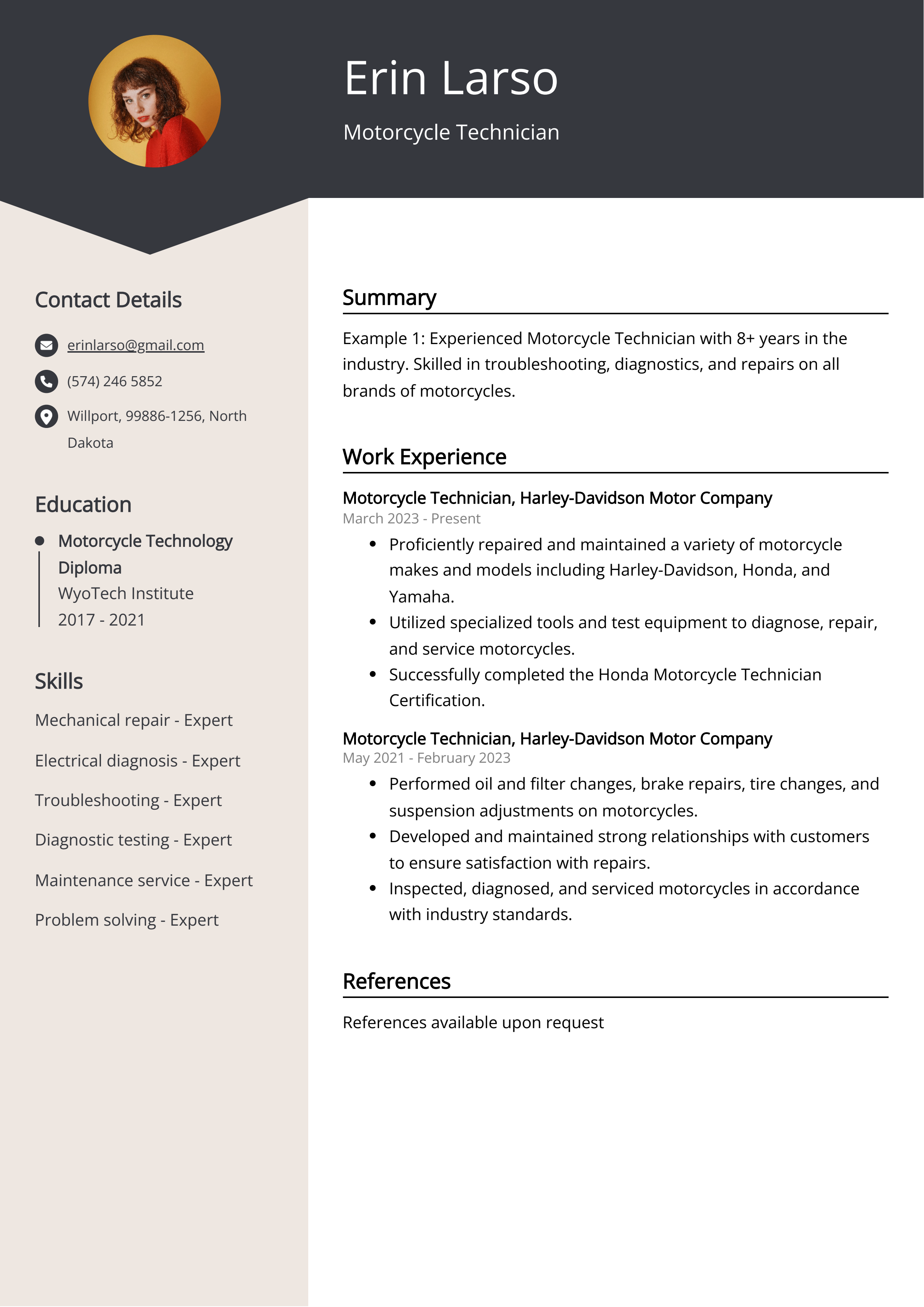 Motorcycle Technician Resume Example