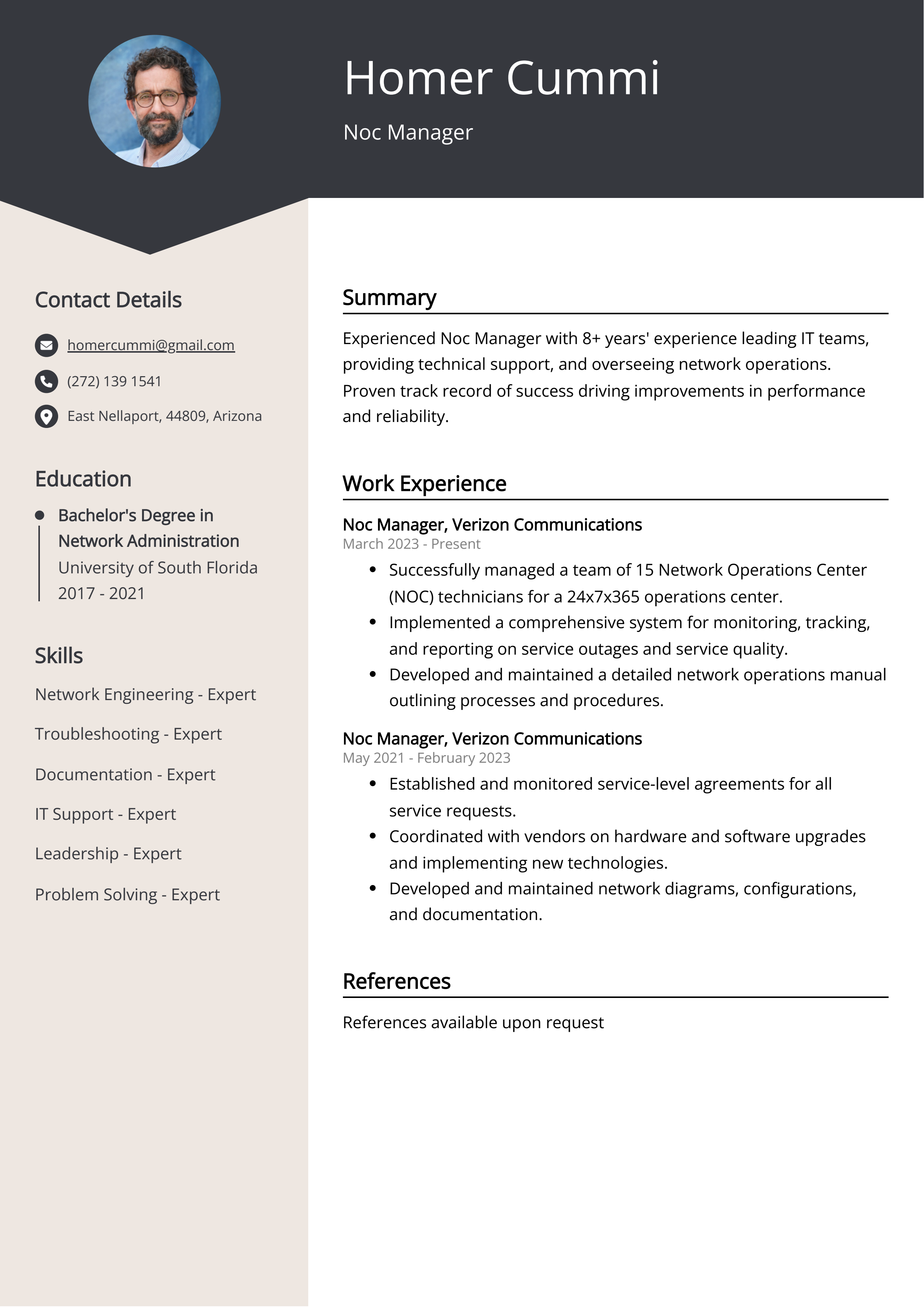 Noc Manager Resume Example