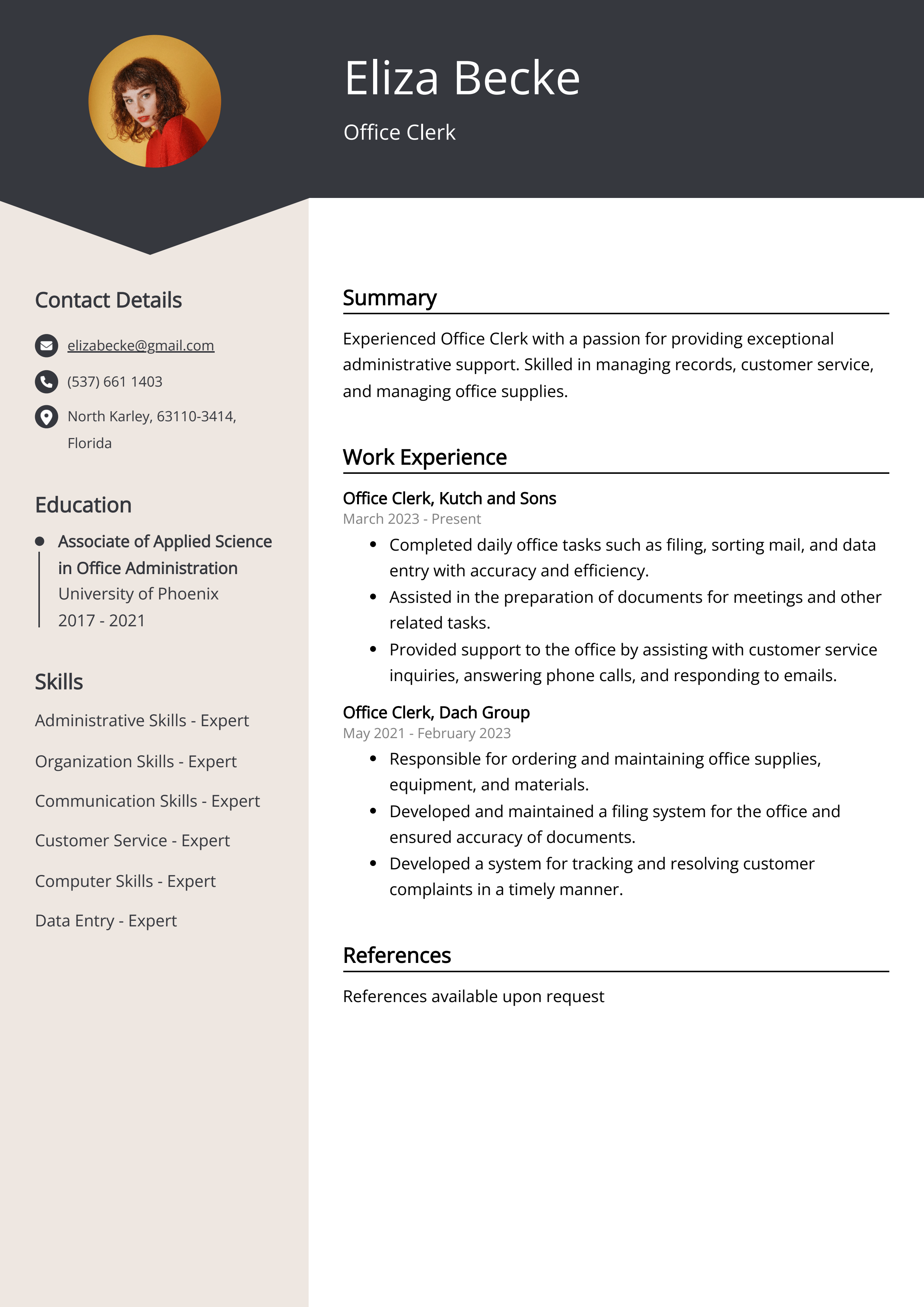 Office Clerk Resume Example