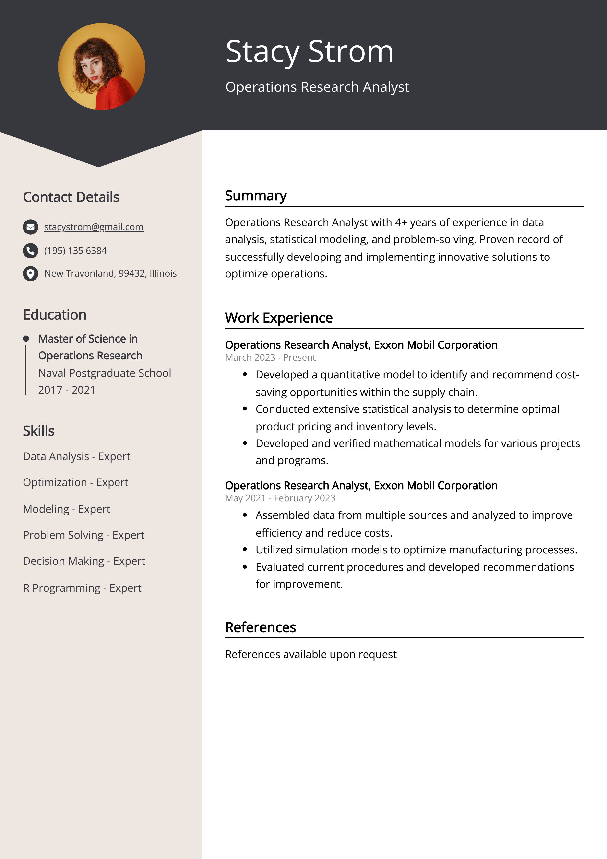 Operations Research Analyst Resume Example