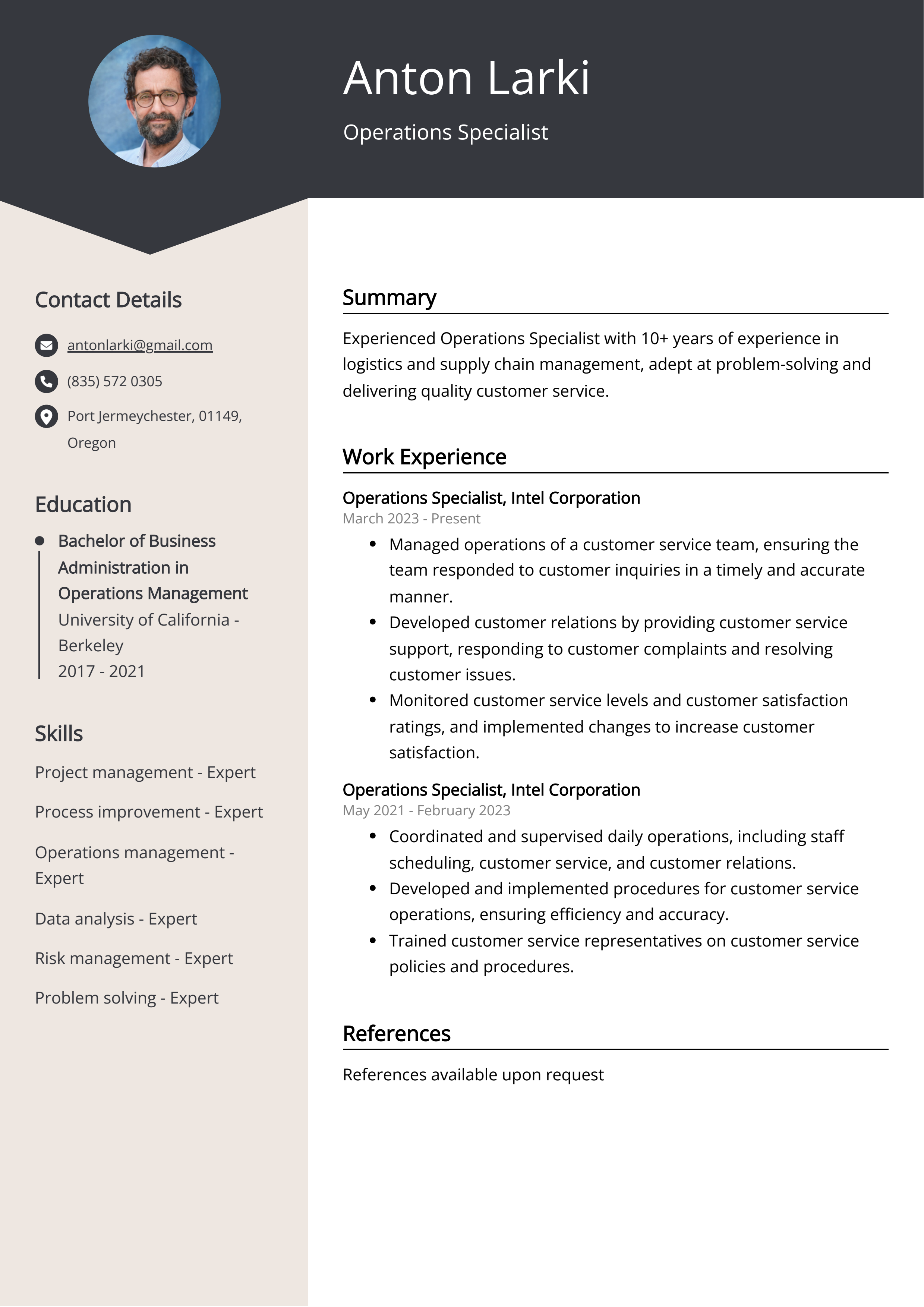 Operations Specialist Resume Example