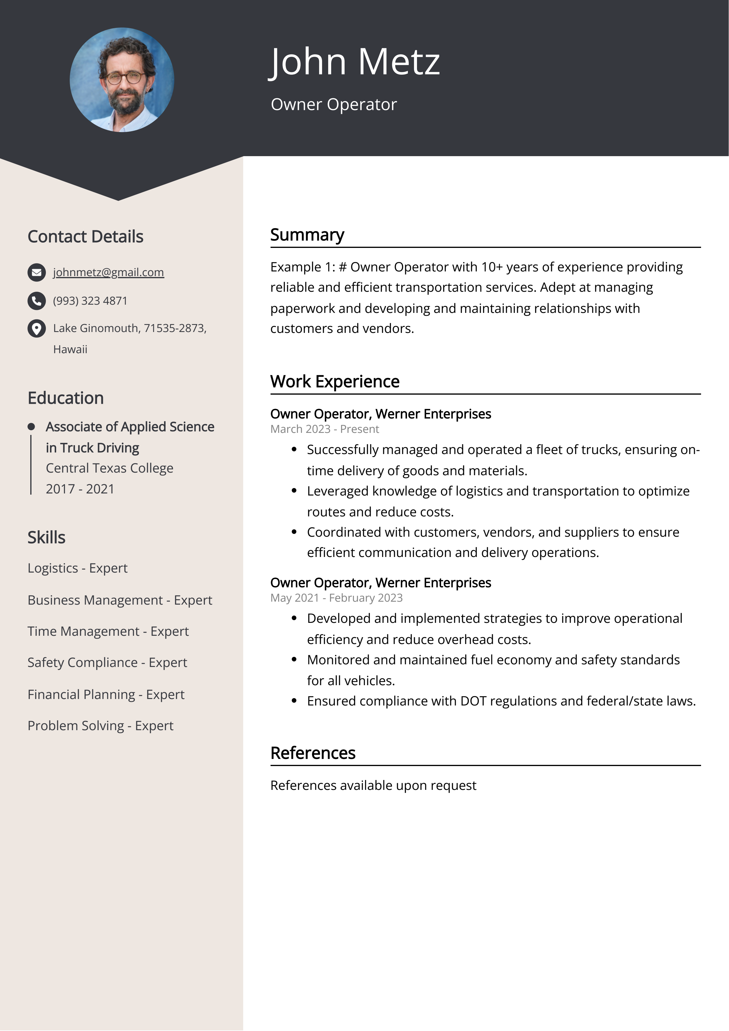 Owner Operator Resume Example