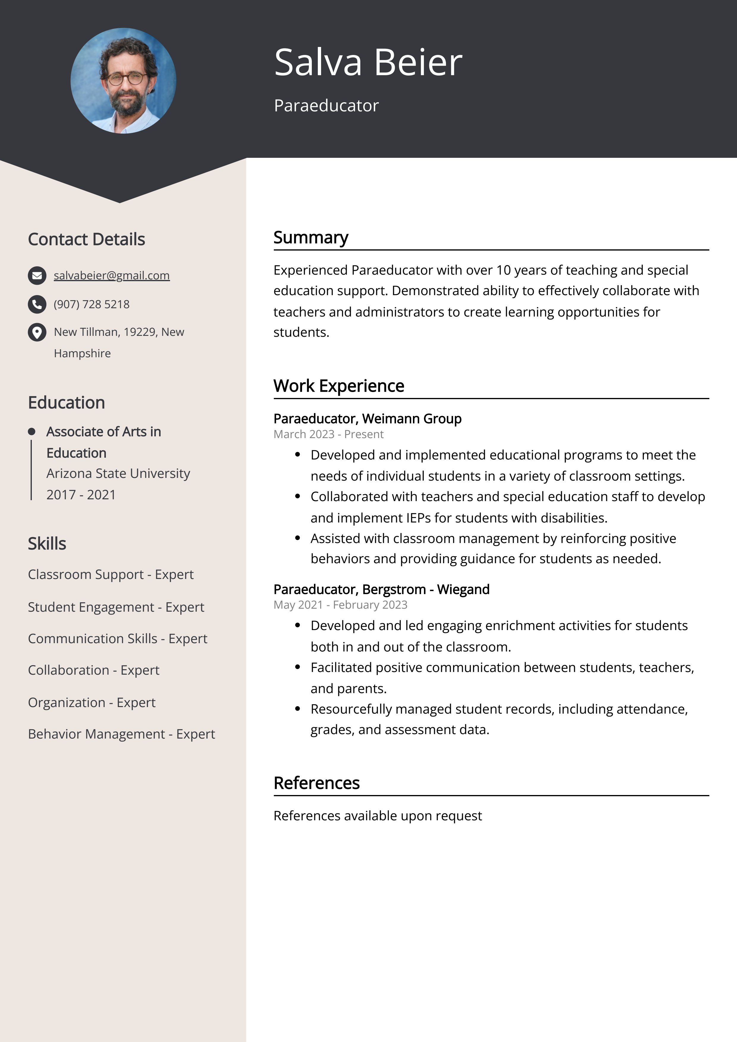 Paraeducator Resume Example