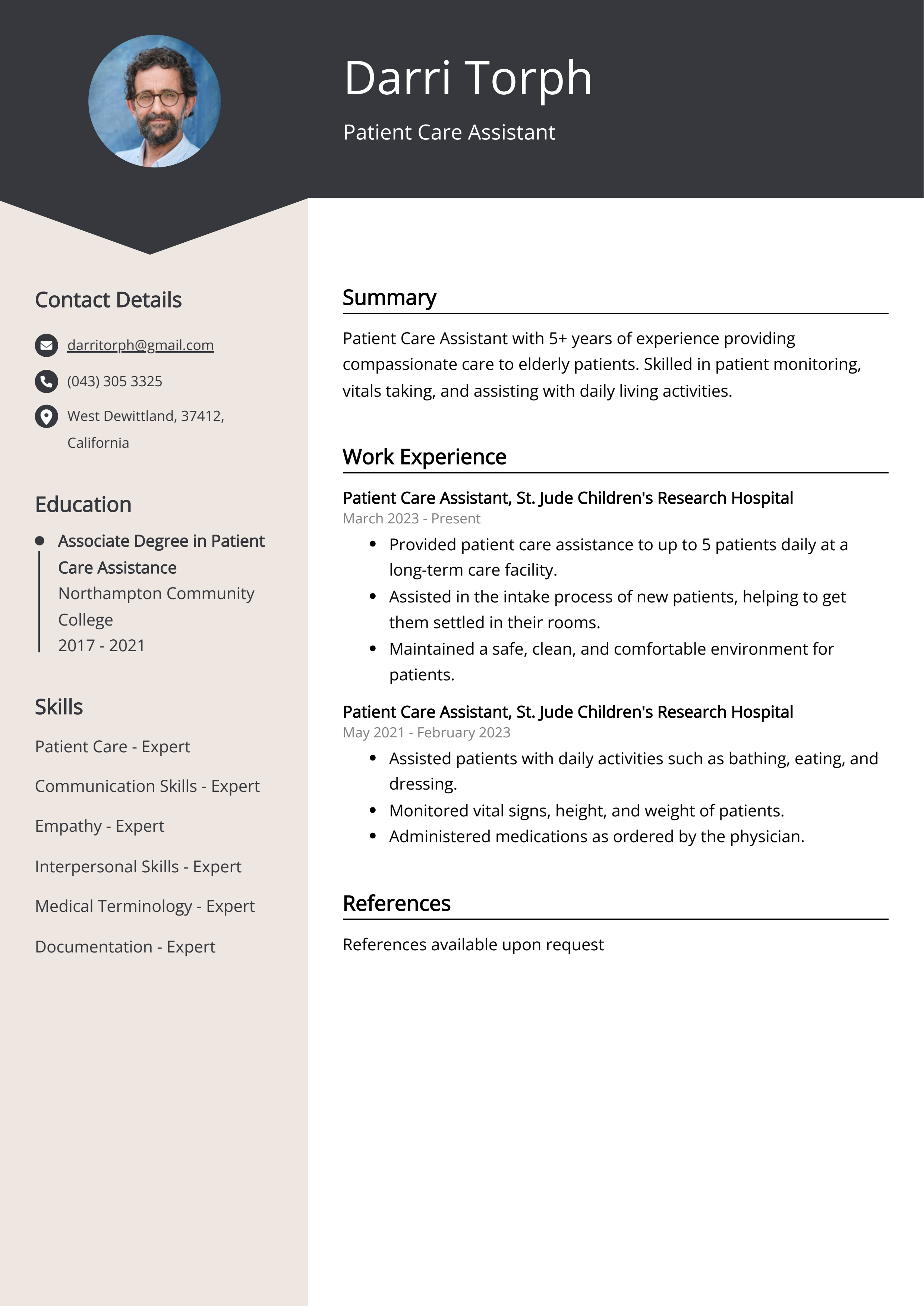 Patient Care Assistant Resume Example