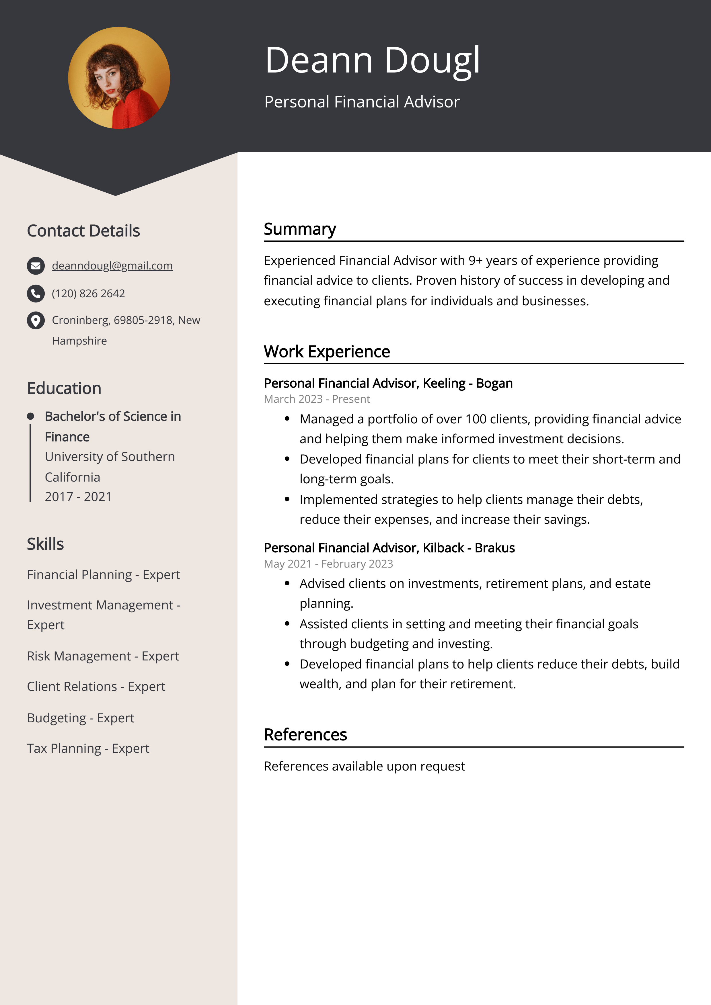 Personal Financial Advisor Resume Example