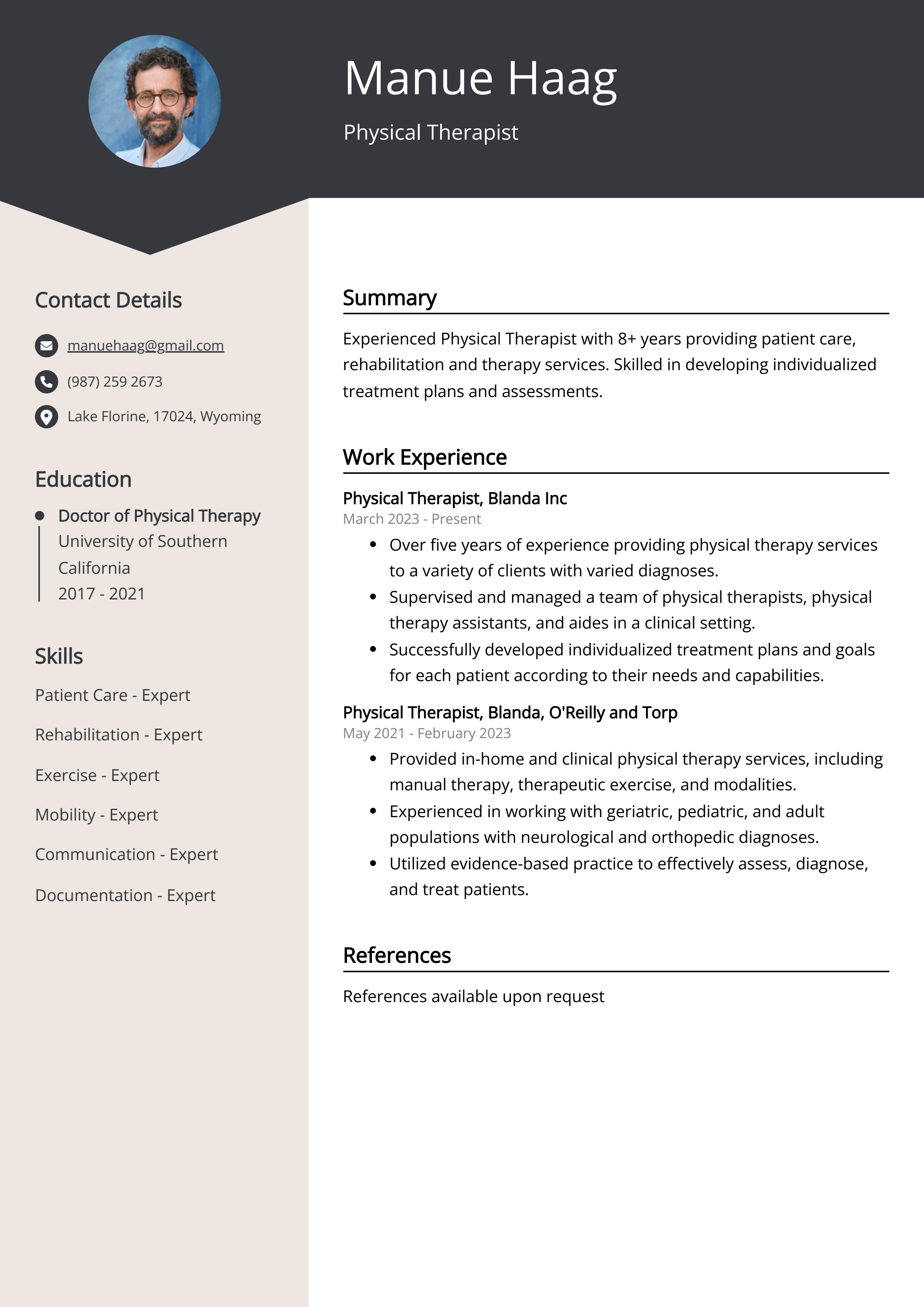 Experienced Physical Therapist Resume Example