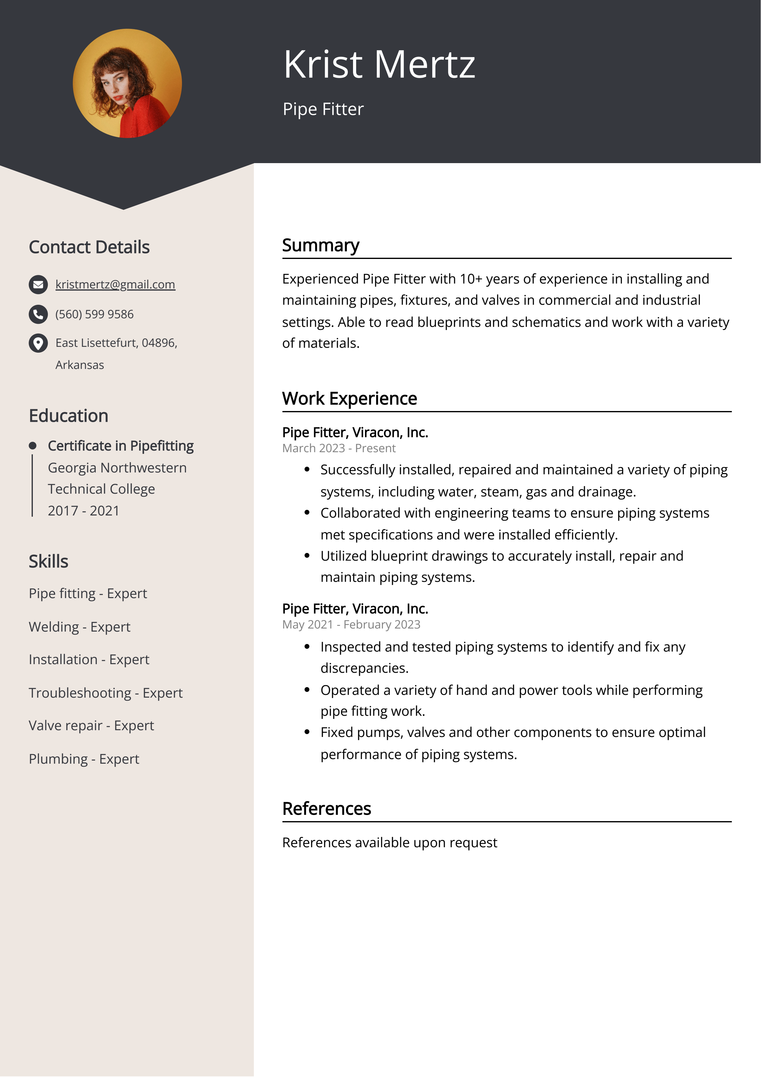 Pipe Fitter Resume Example