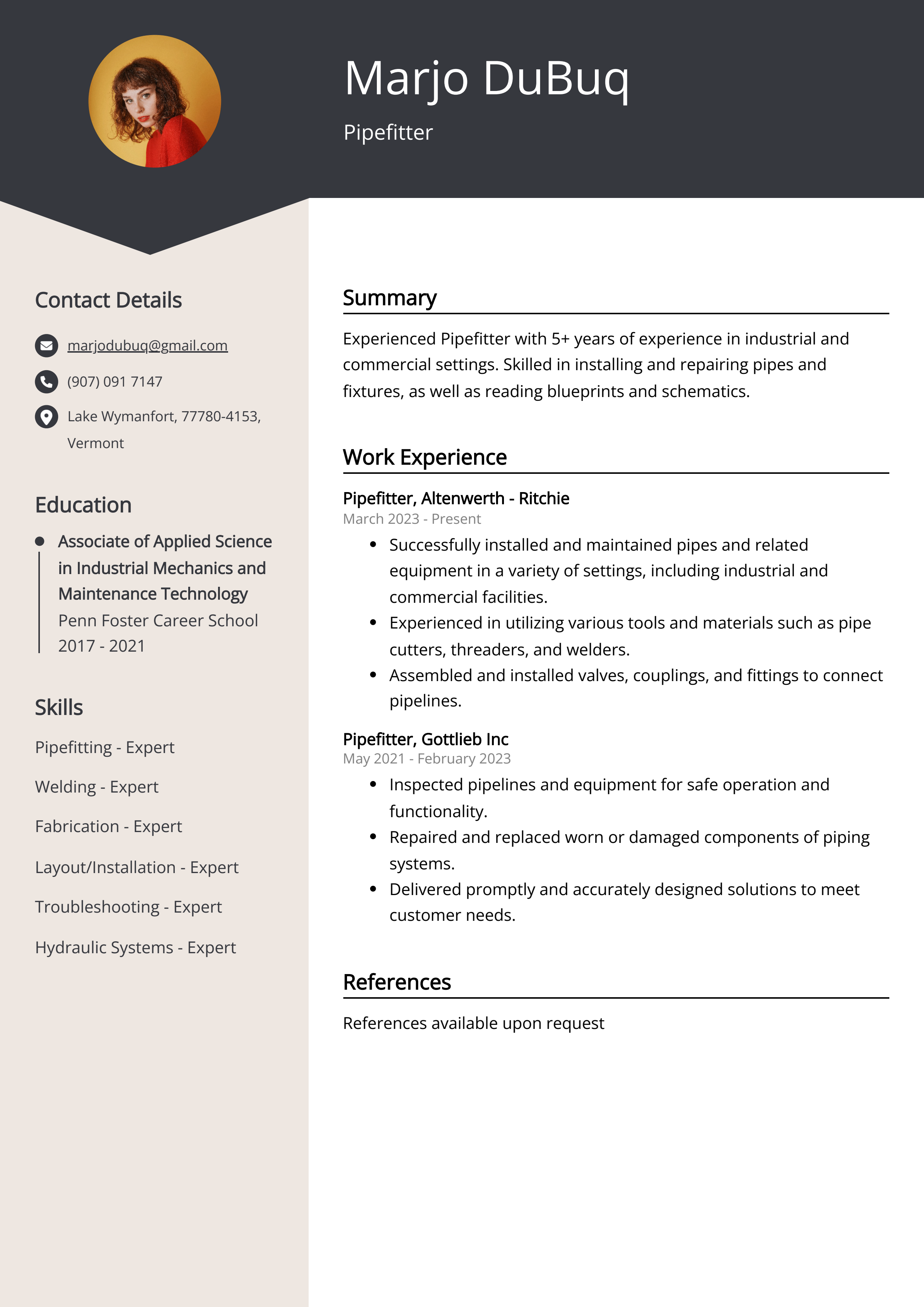 Pipefitter Resume Example