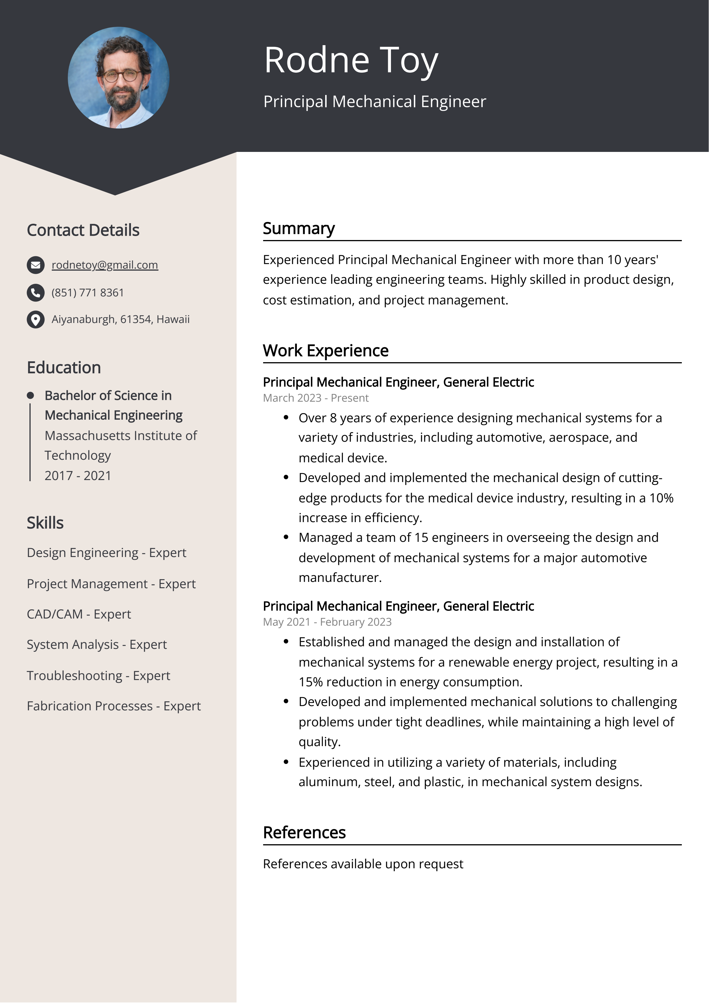 Principal Mechanical Engineer Resume Example