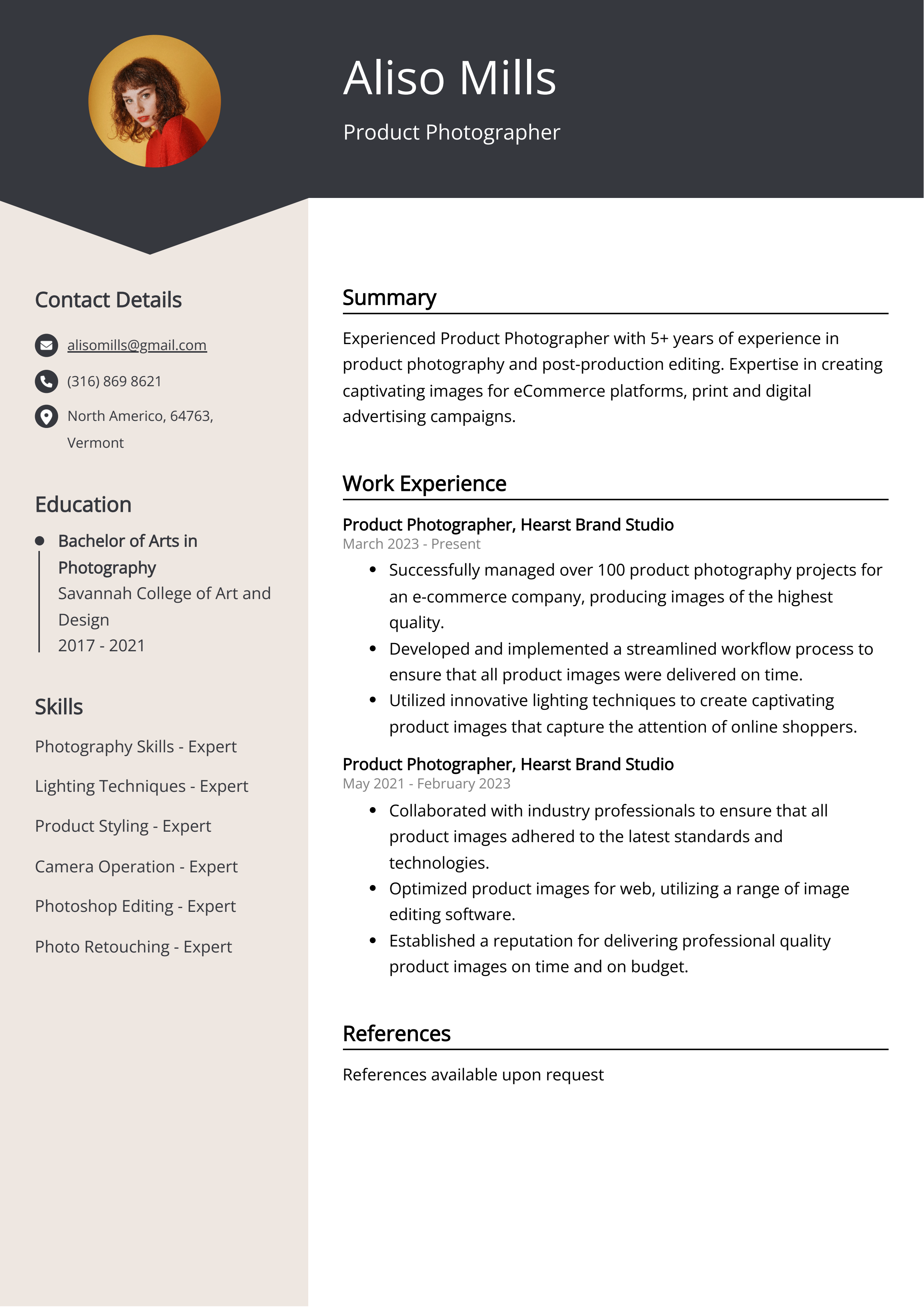 Product Photographer Resume Example