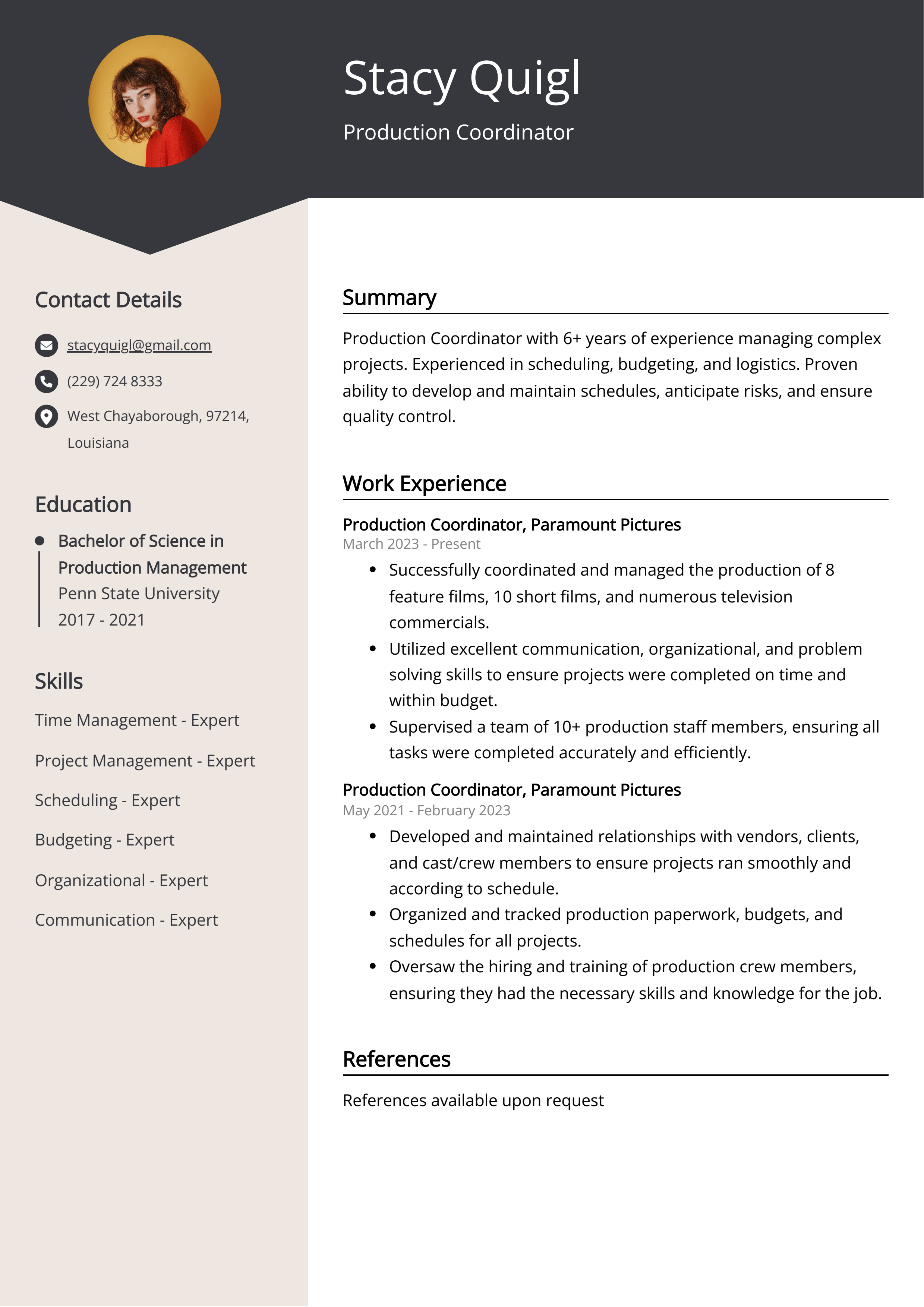 Production Coordinator Resume Example