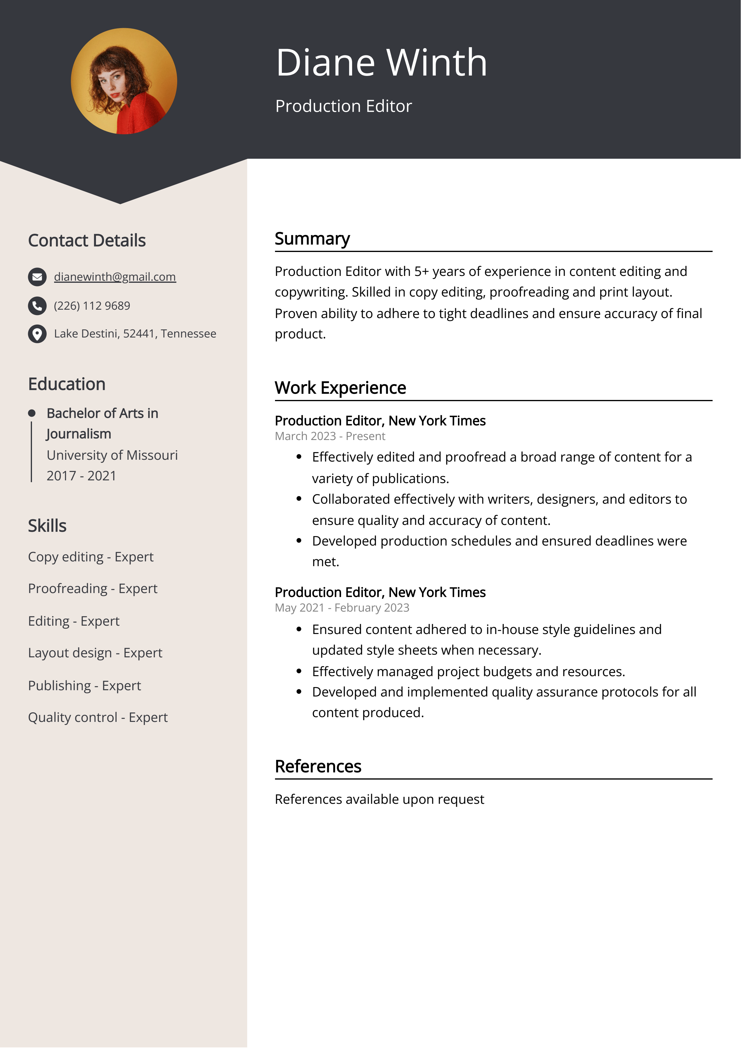 Production Editor Resume Example