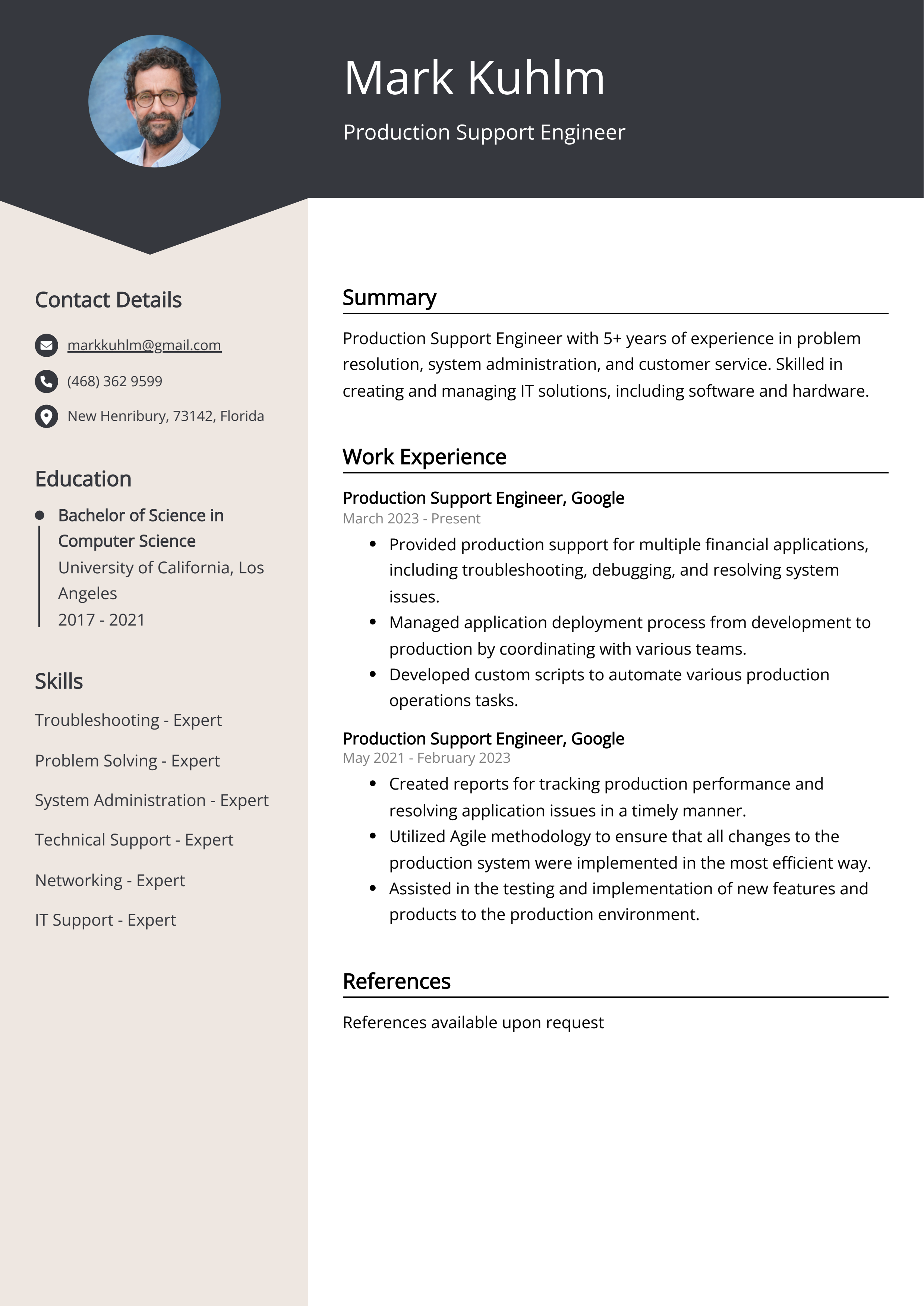 Production Support Engineer Resume Example