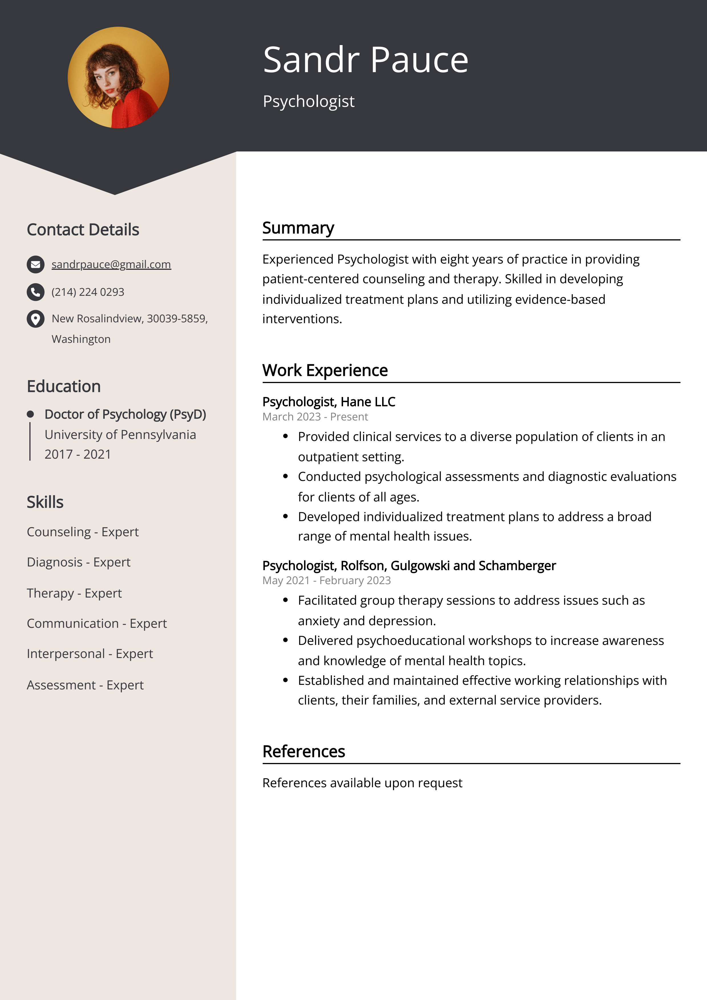 Experienced Psychologist Resume Example