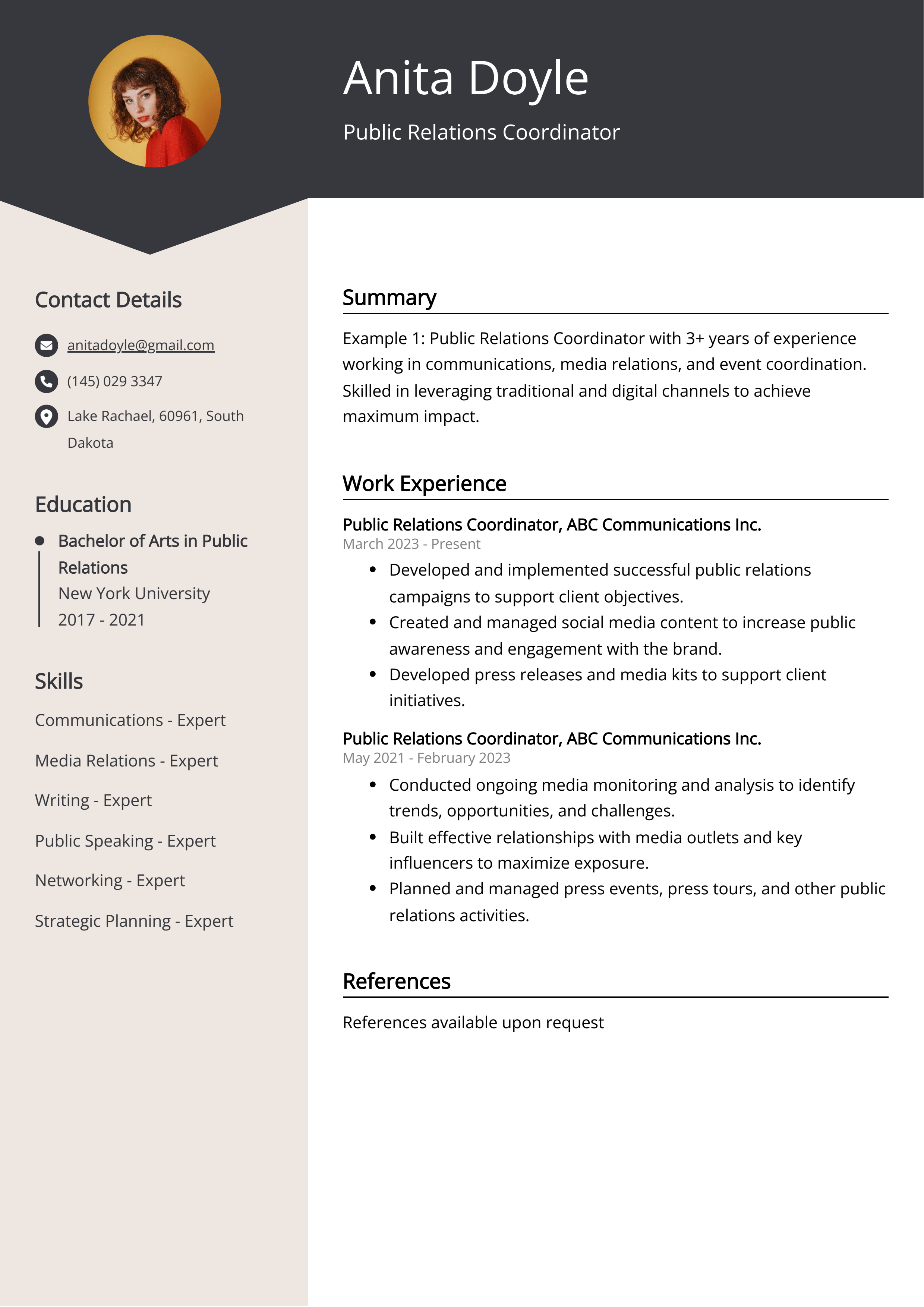 Public Relations Coordinator Resume Example