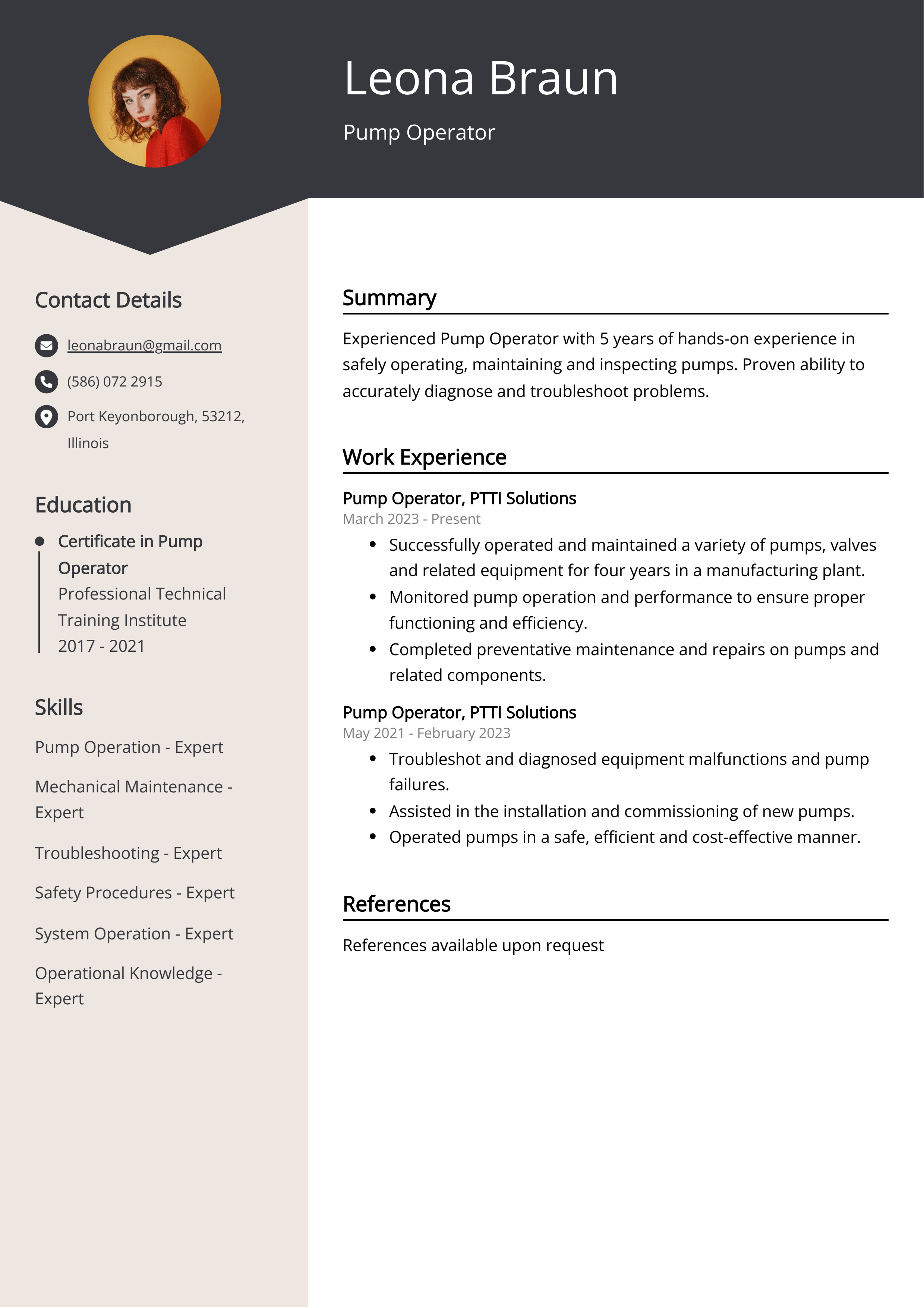 Pump Operator Resume Example