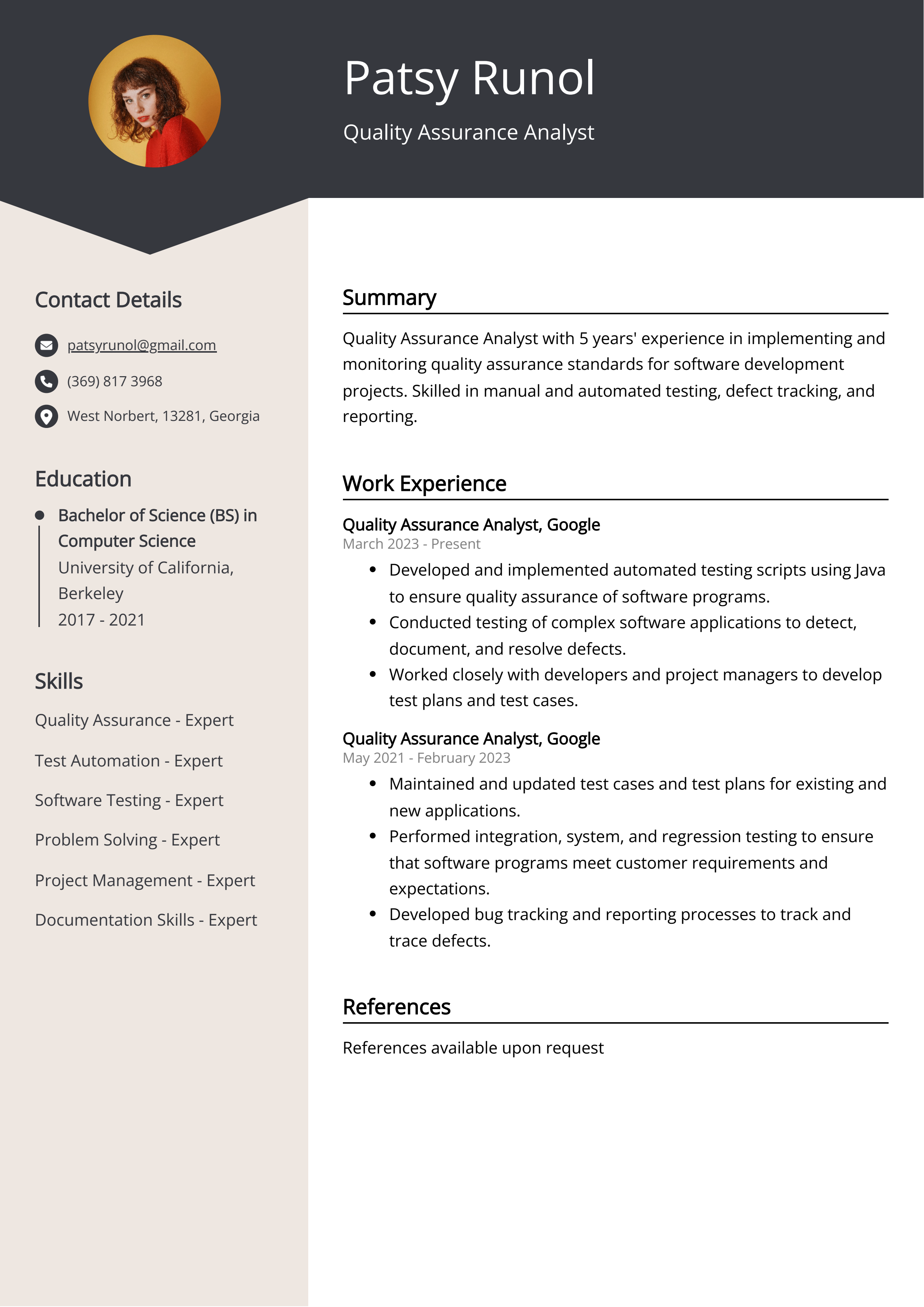 Quality Assurance Analyst Resume Example
