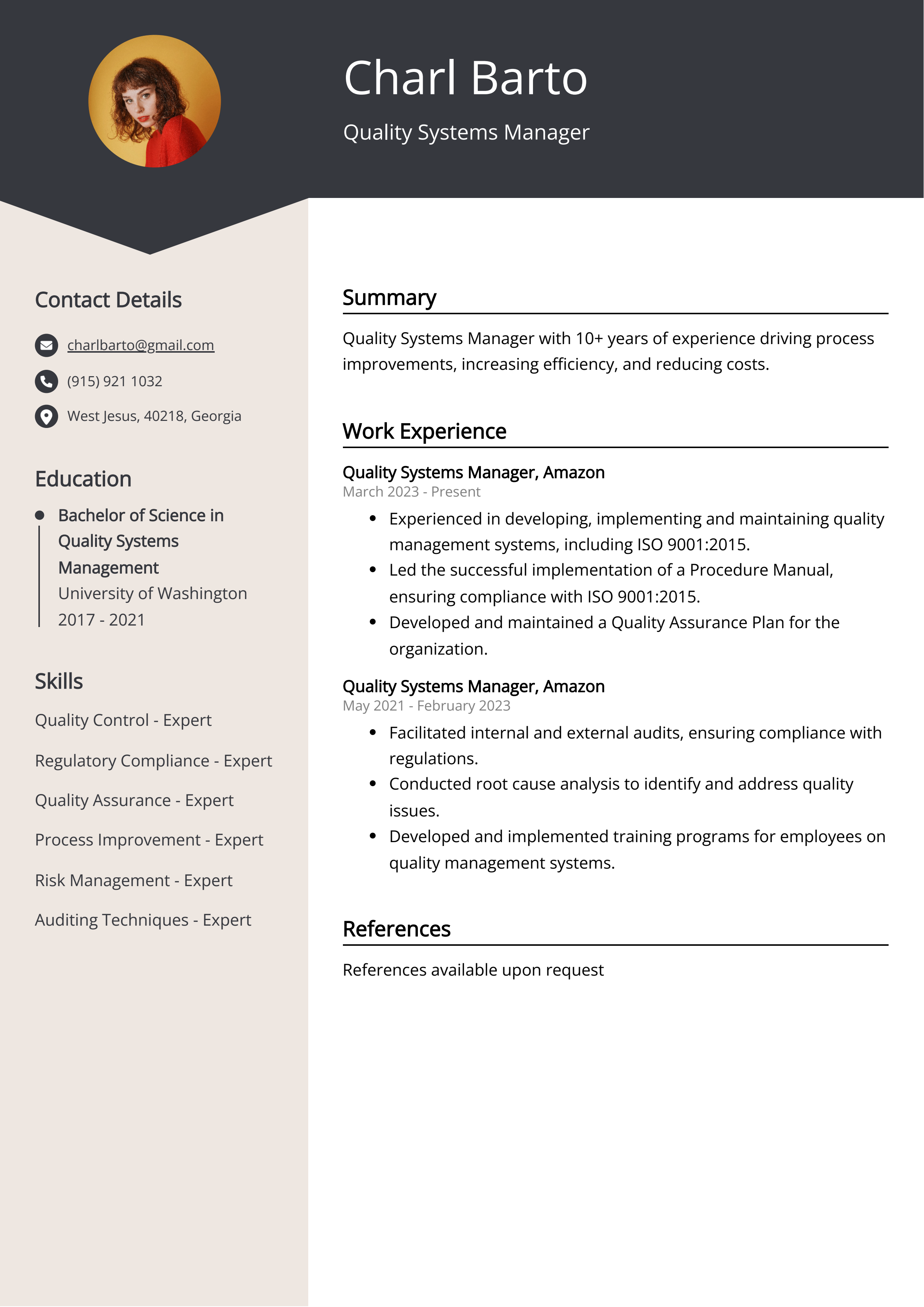 Quality Systems Manager Resume Example
