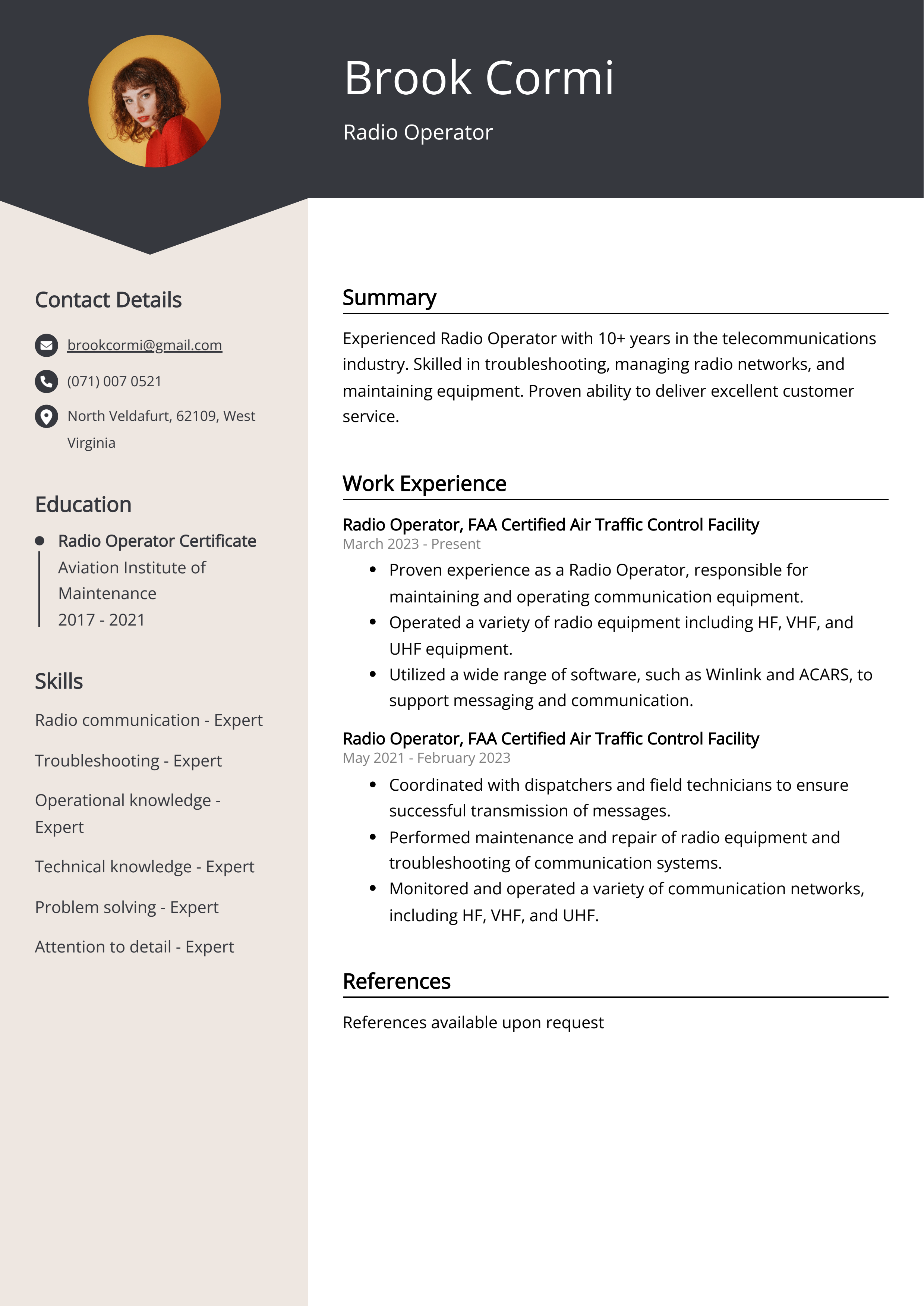 Radio Operator Resume Example