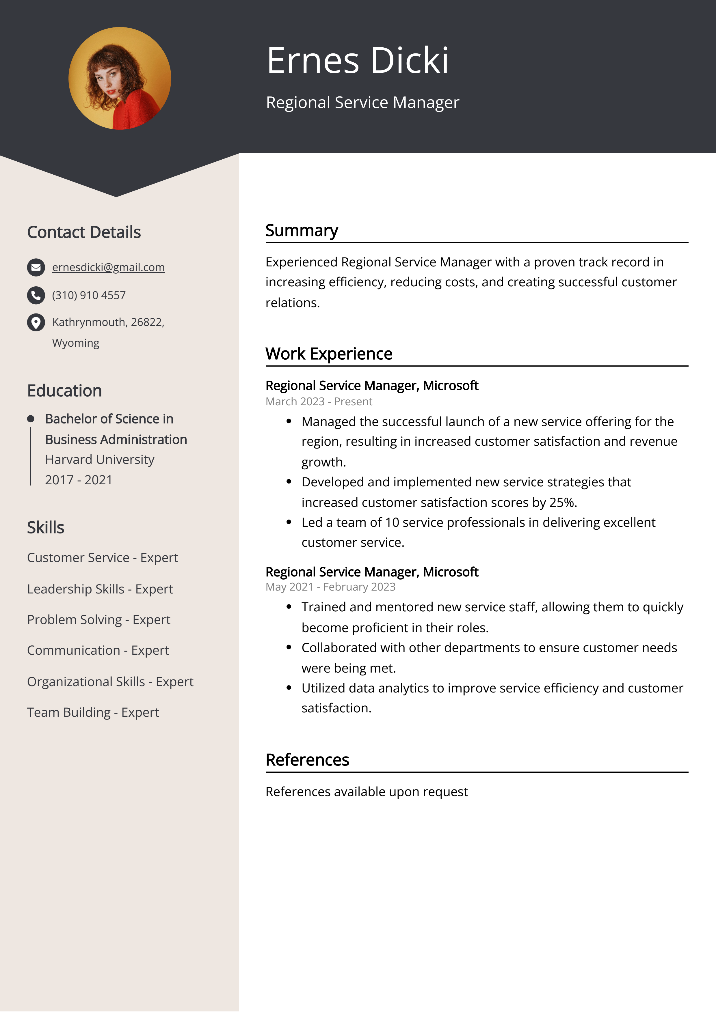 Regional Service Manager Resume Example