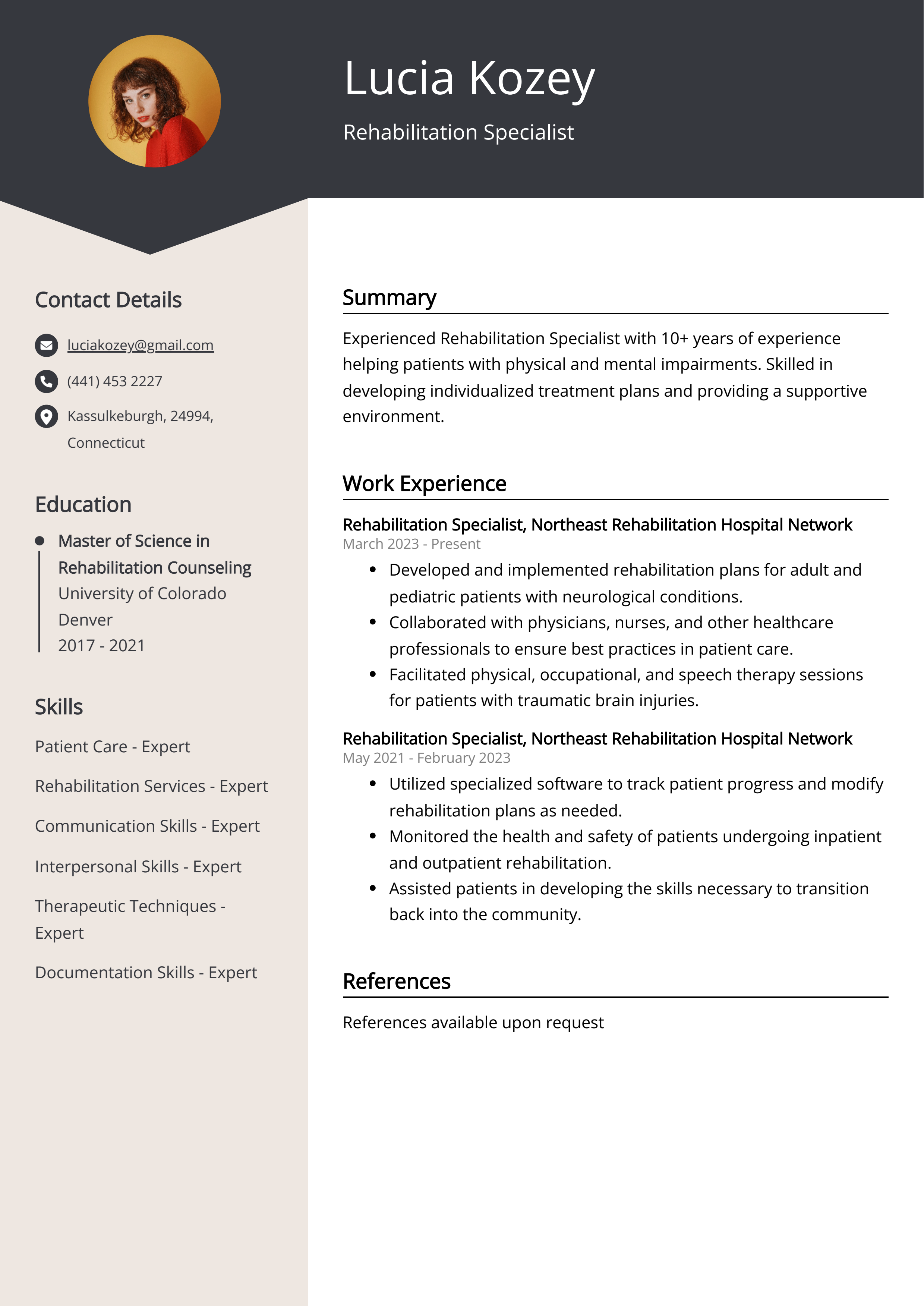 Rehabilitation Specialist Resume Example