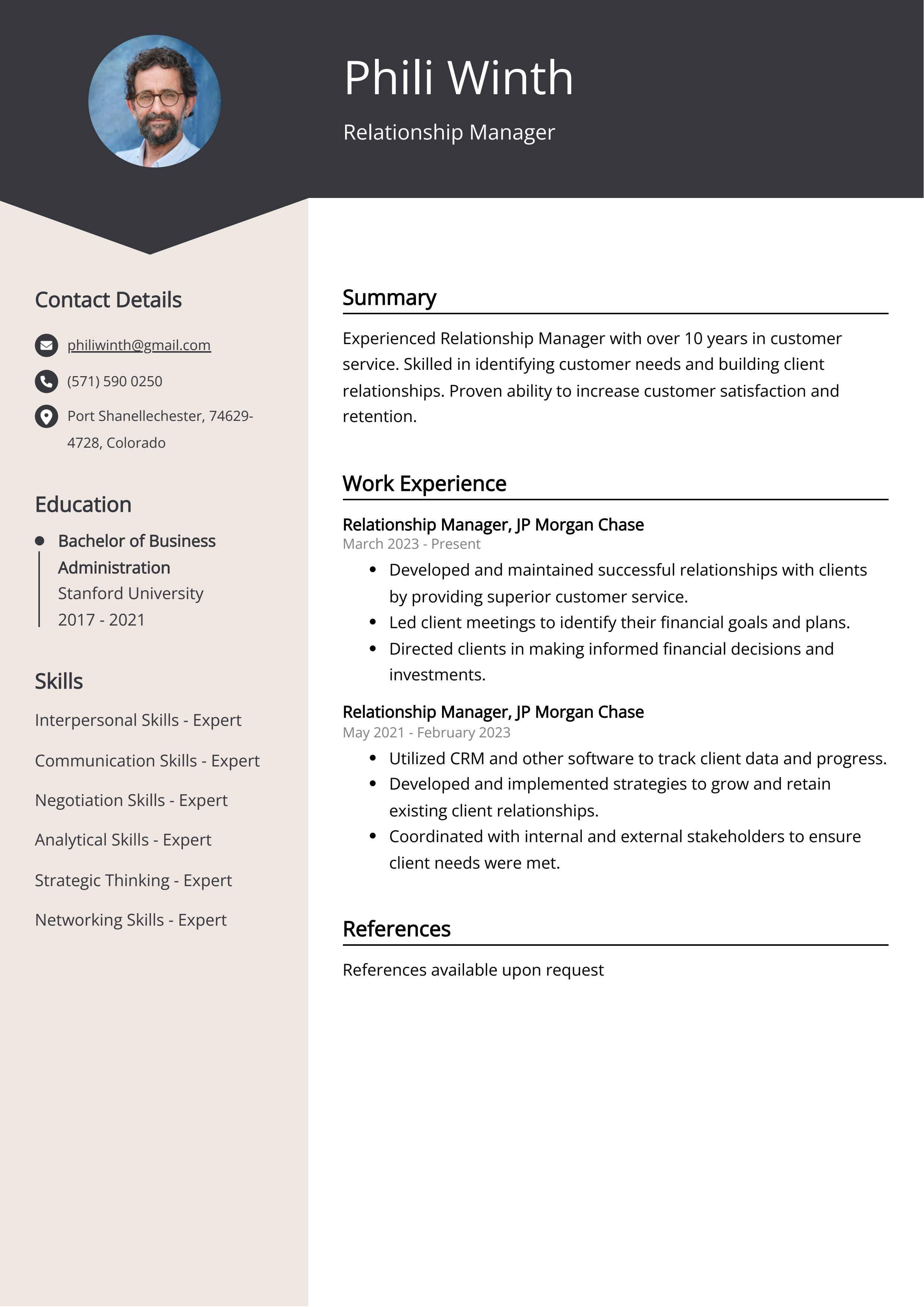 Relationship Manager Resume Example