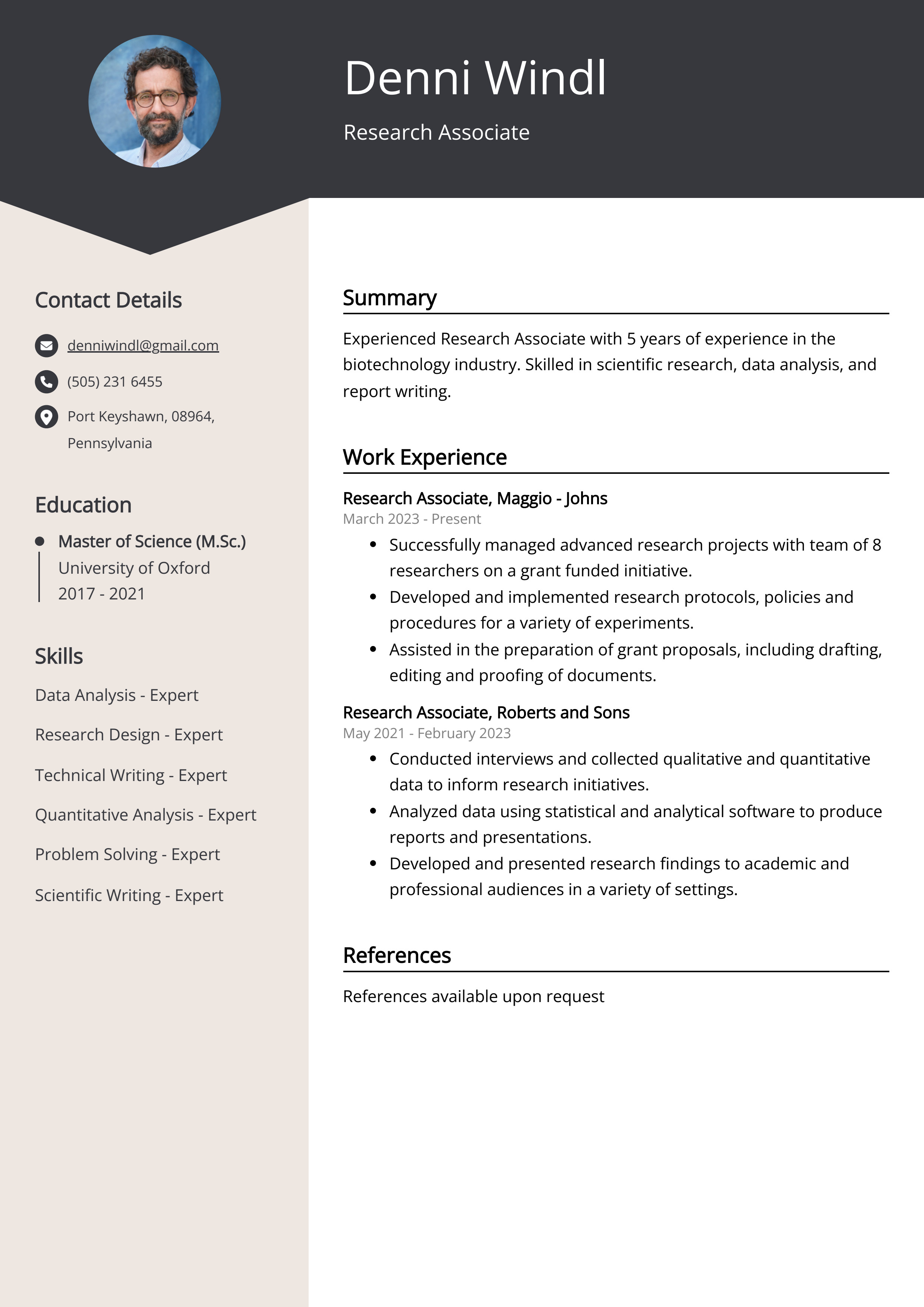 Research Associate Resume Example