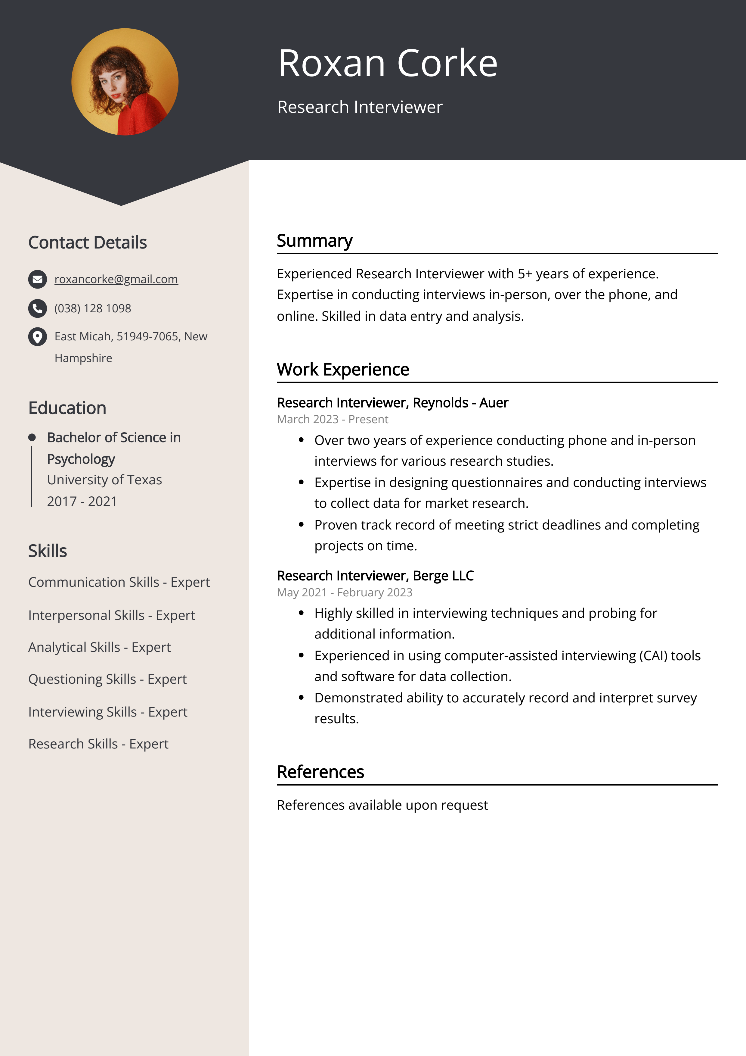 Research Interviewer Resume Example