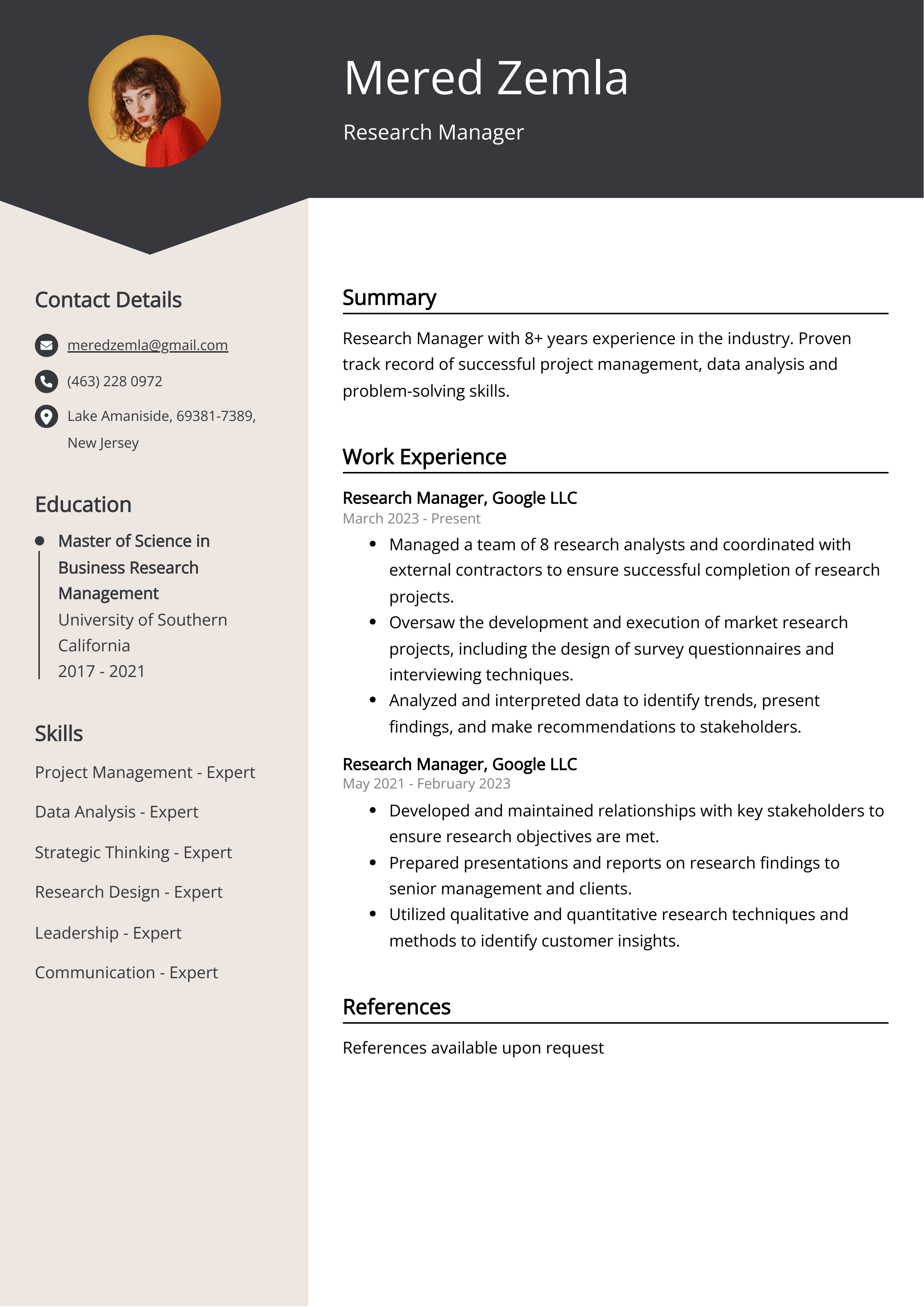 Research Manager Resume Example