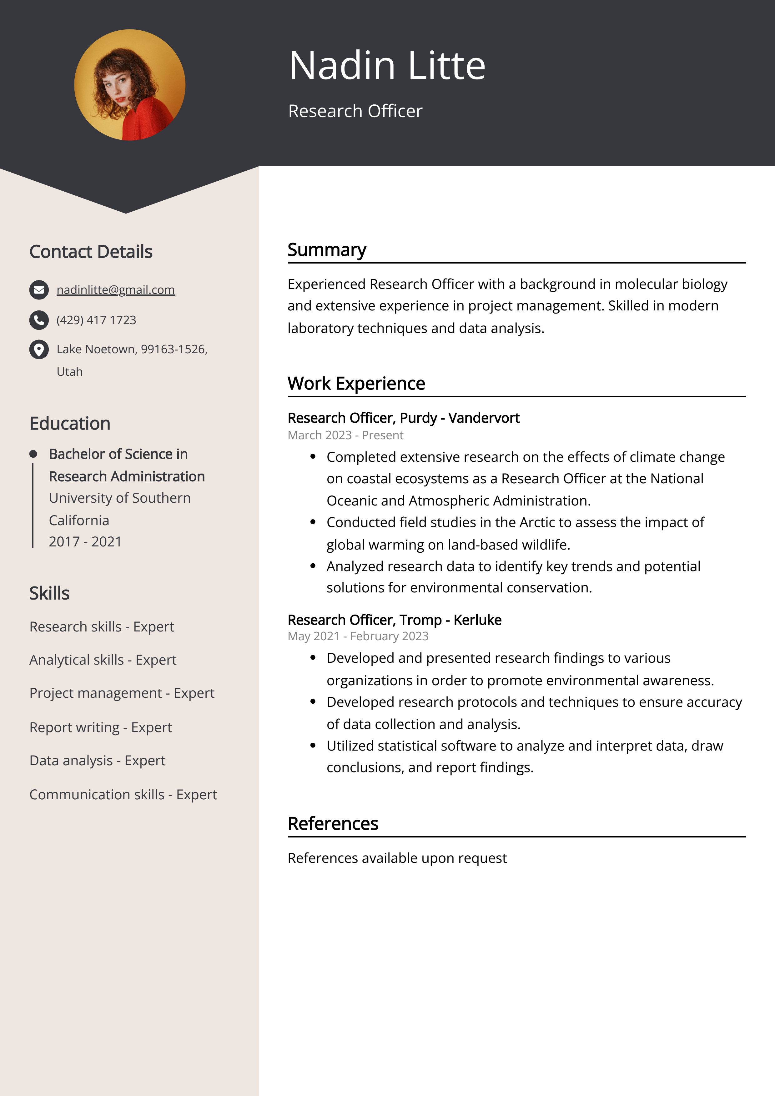 Research Officer Resume Example