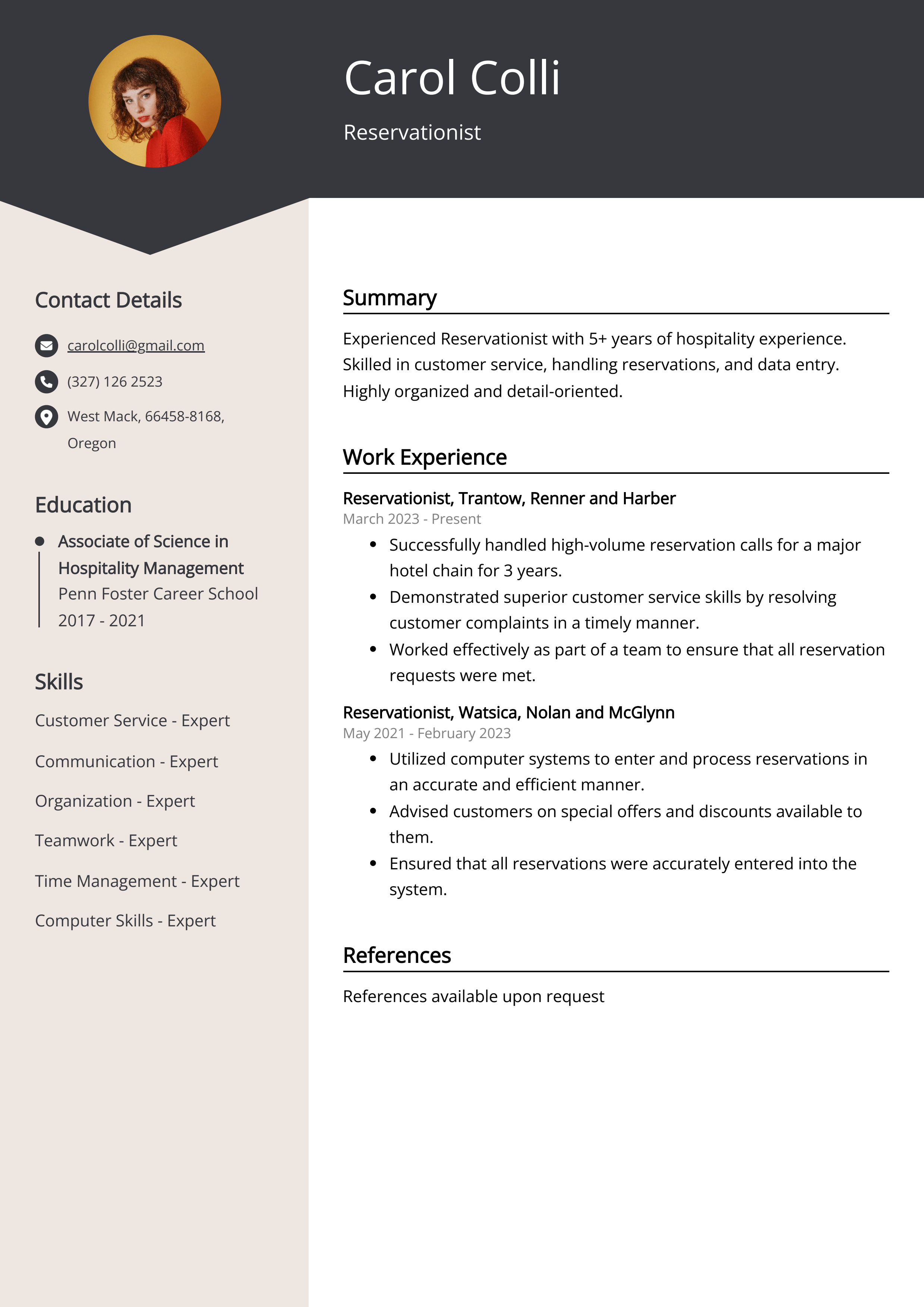 Reservationist Resume Example
