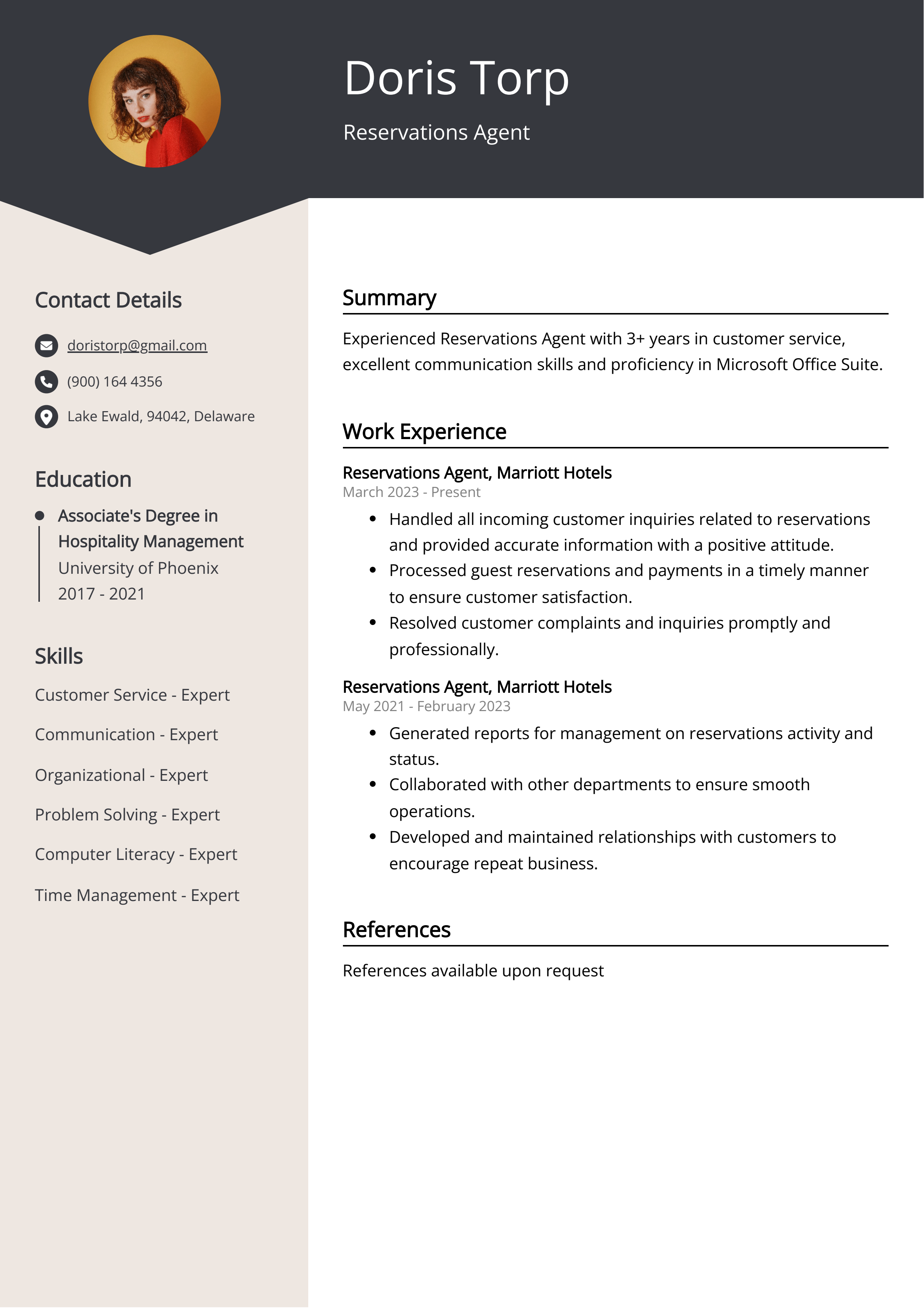 Reservations Agent Resume Example