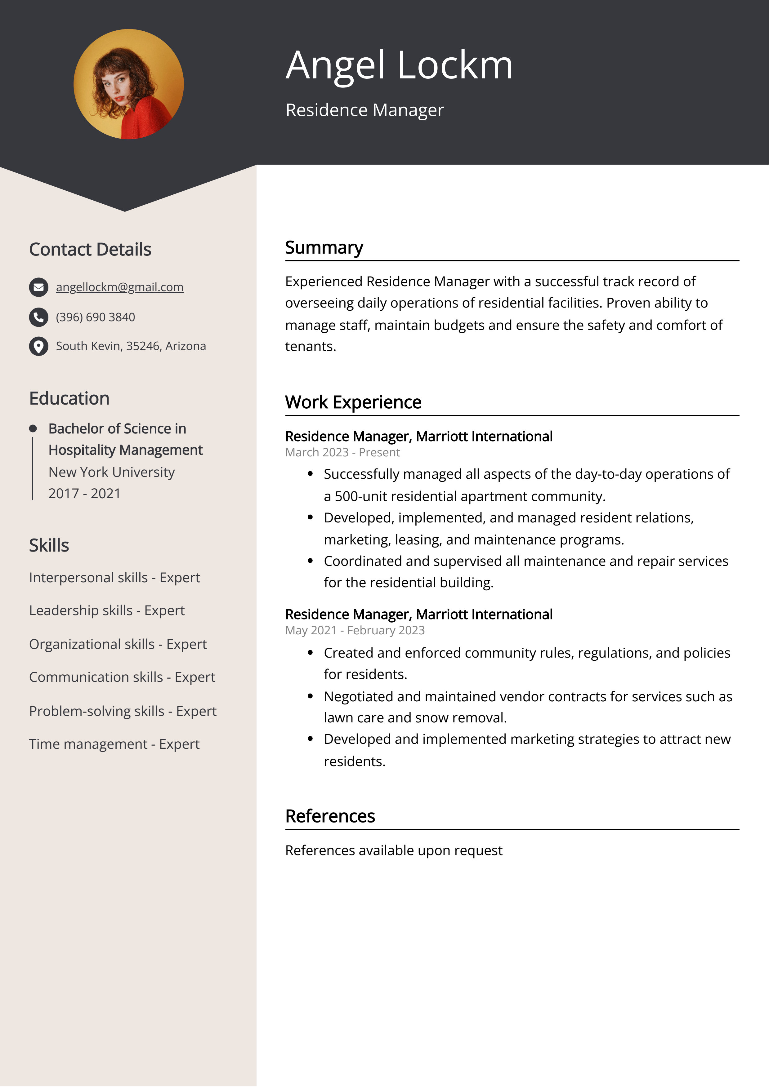 Residence Manager Resume Example