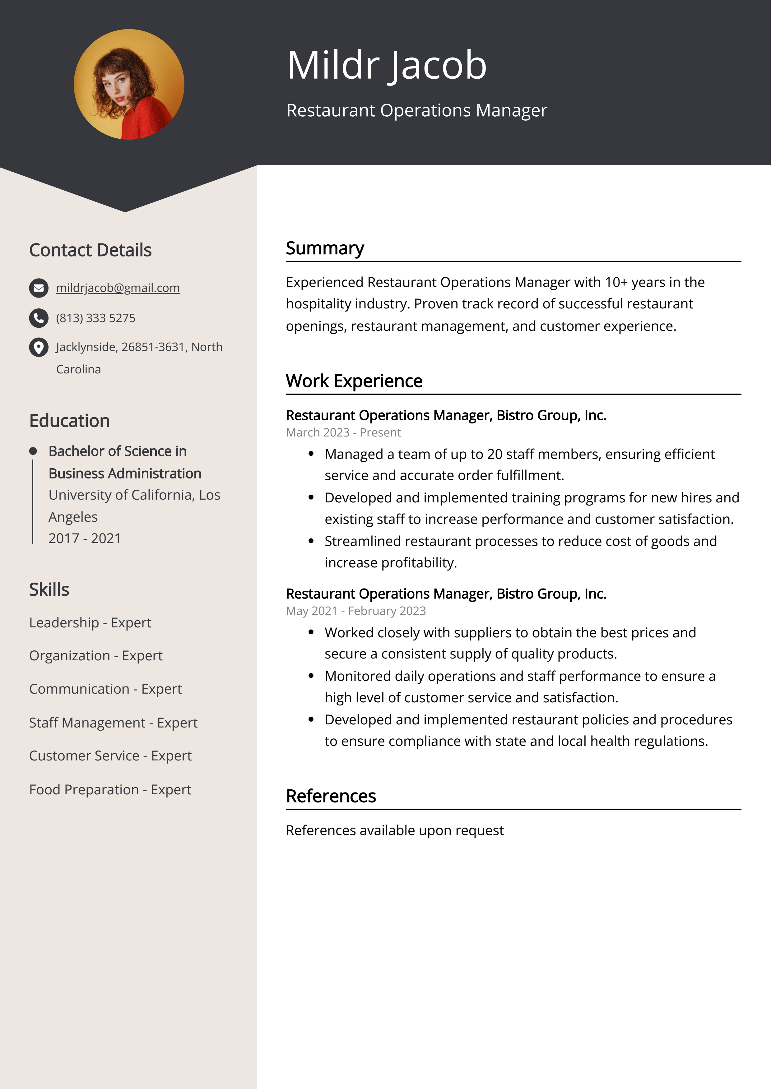 Restaurant Operations Manager Resume Example