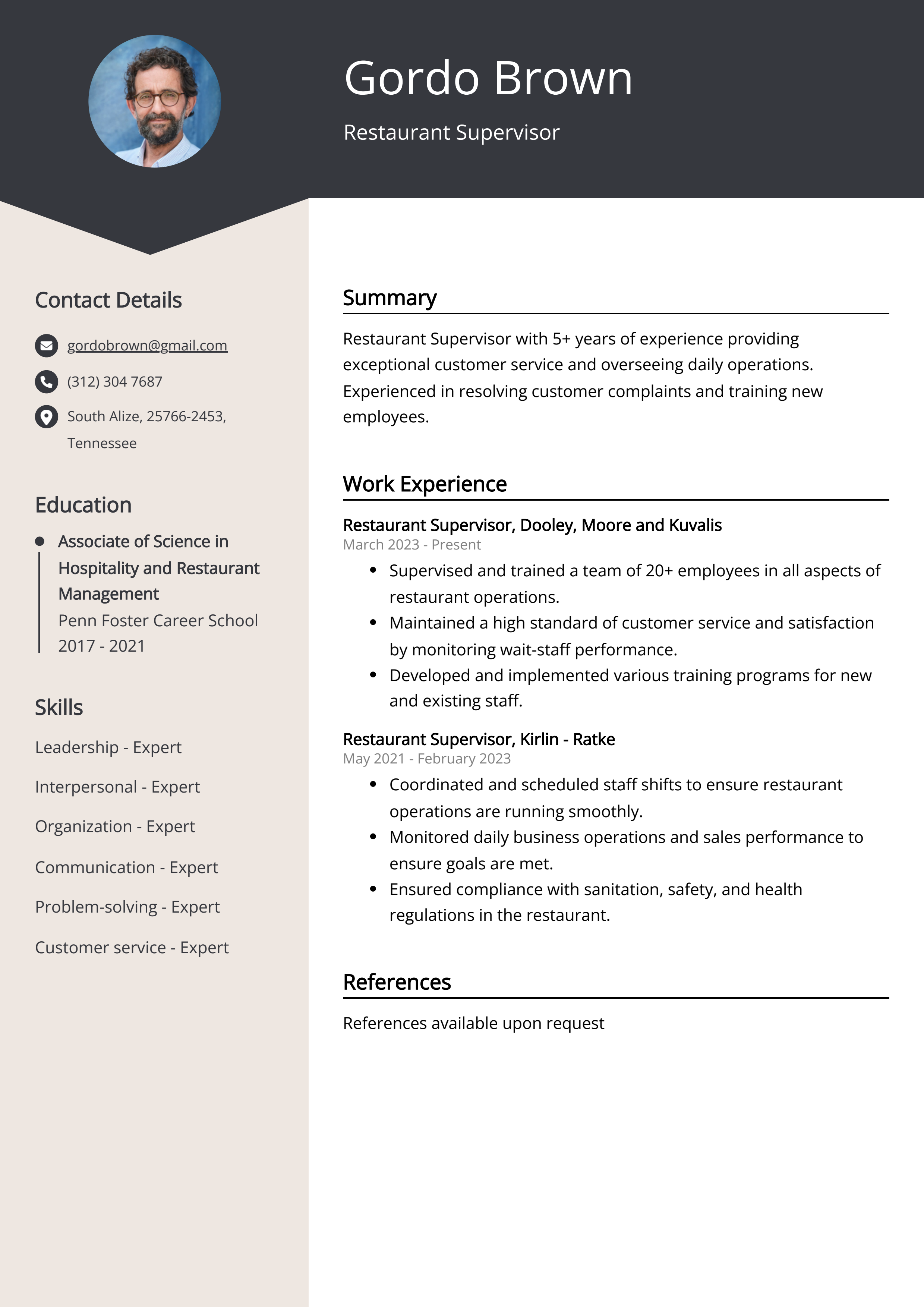 Restaurant Supervisor Resume Example