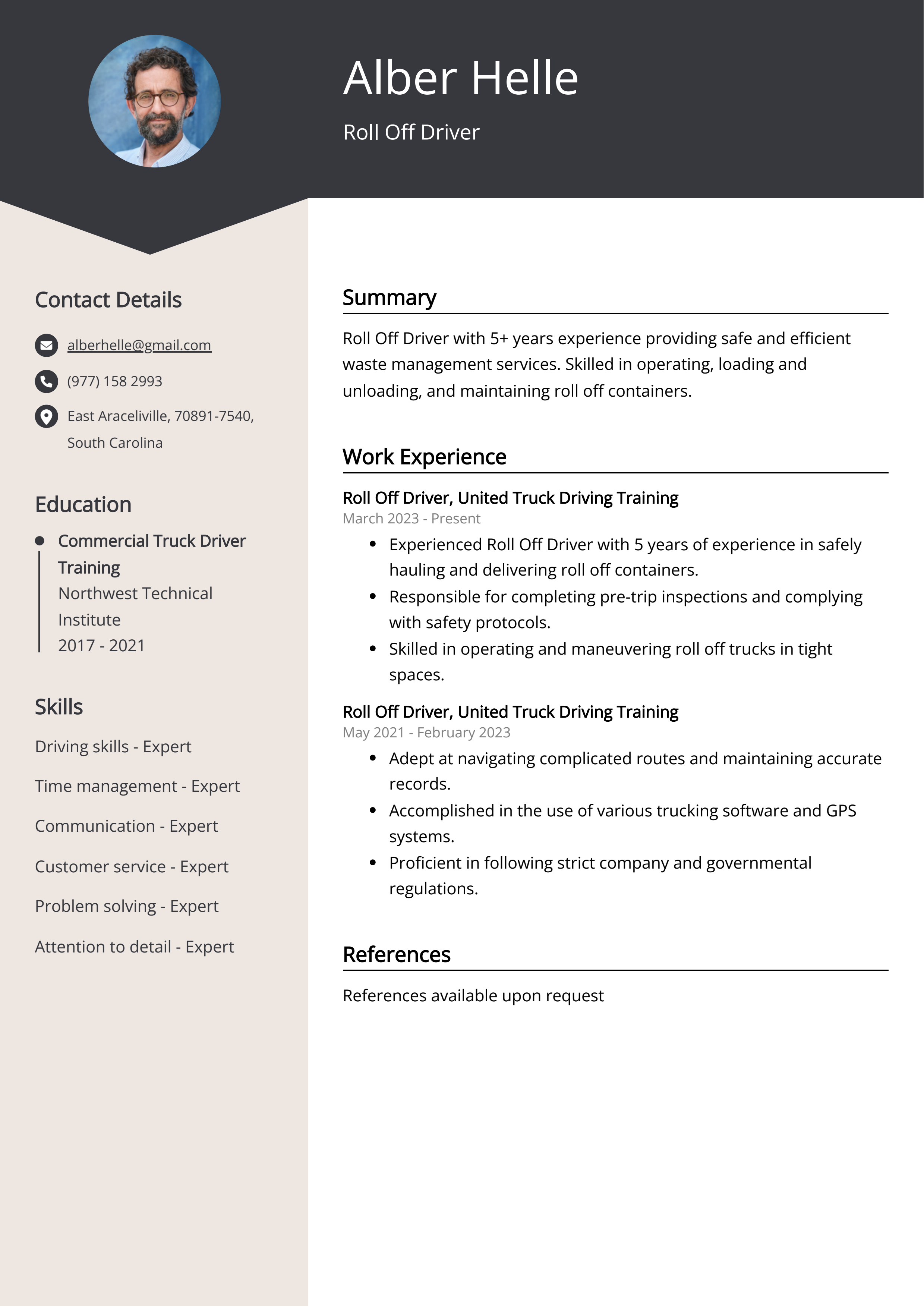 Roll Off Driver Resume Example