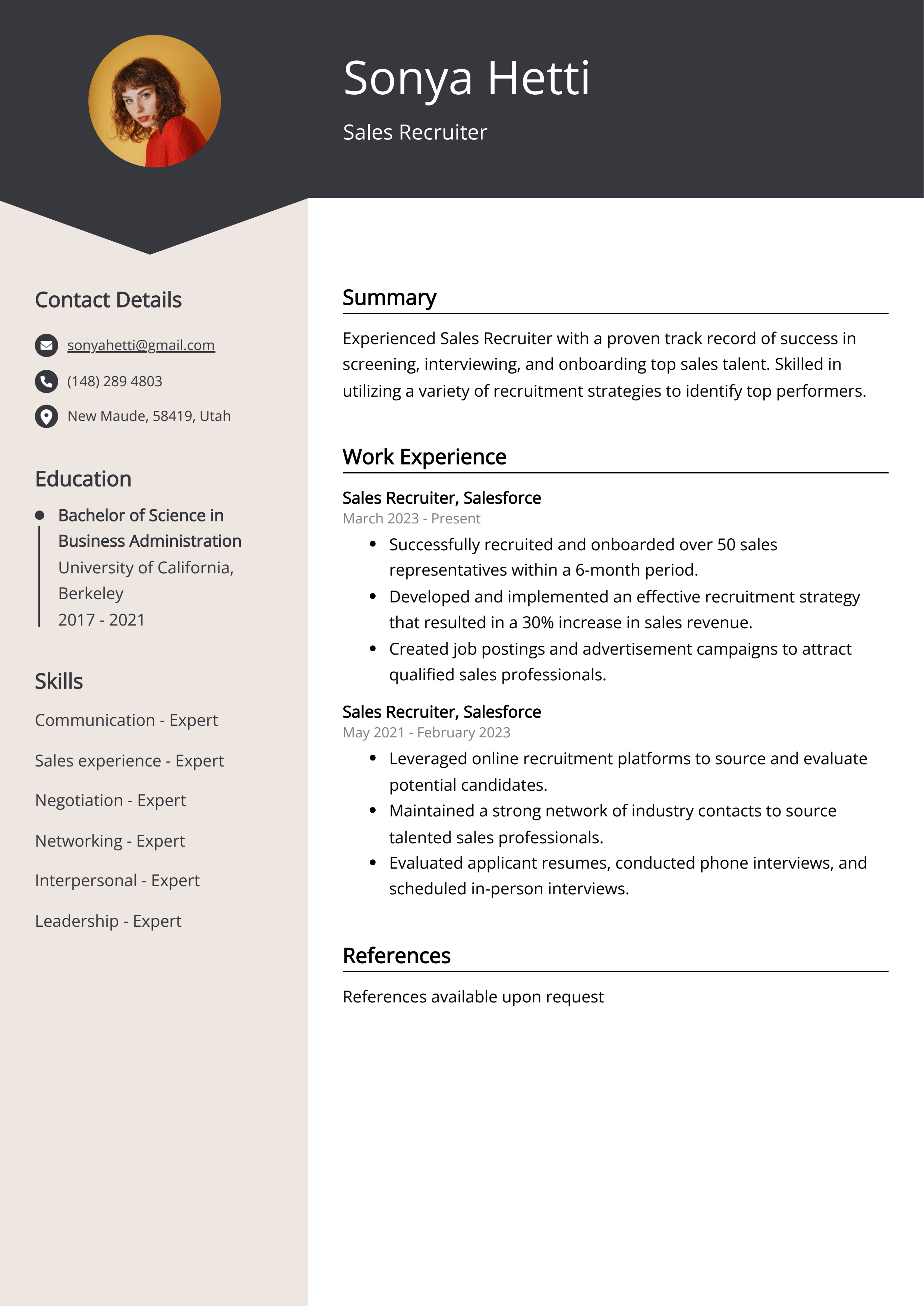 Sales Recruiter Resume Example