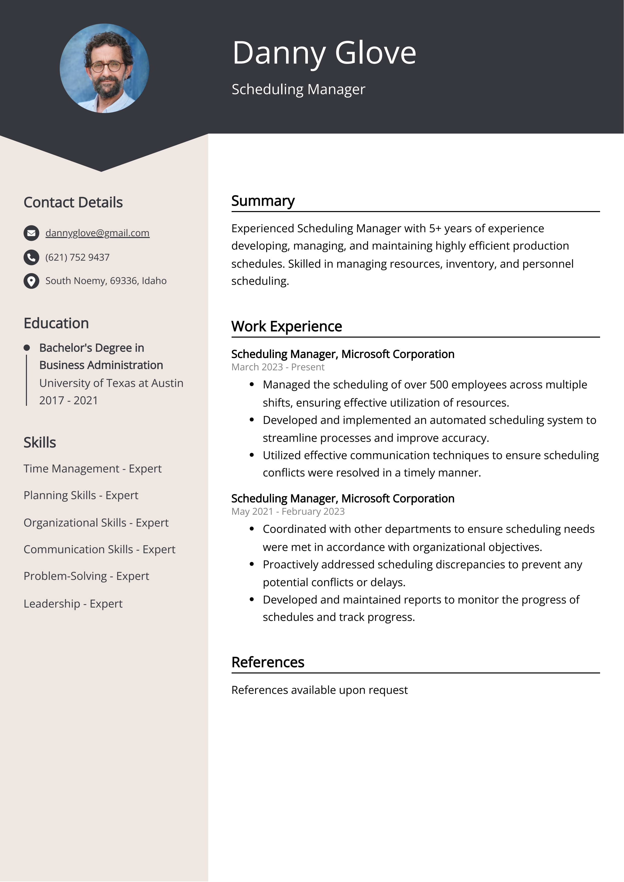 Scheduling Manager Resume Example