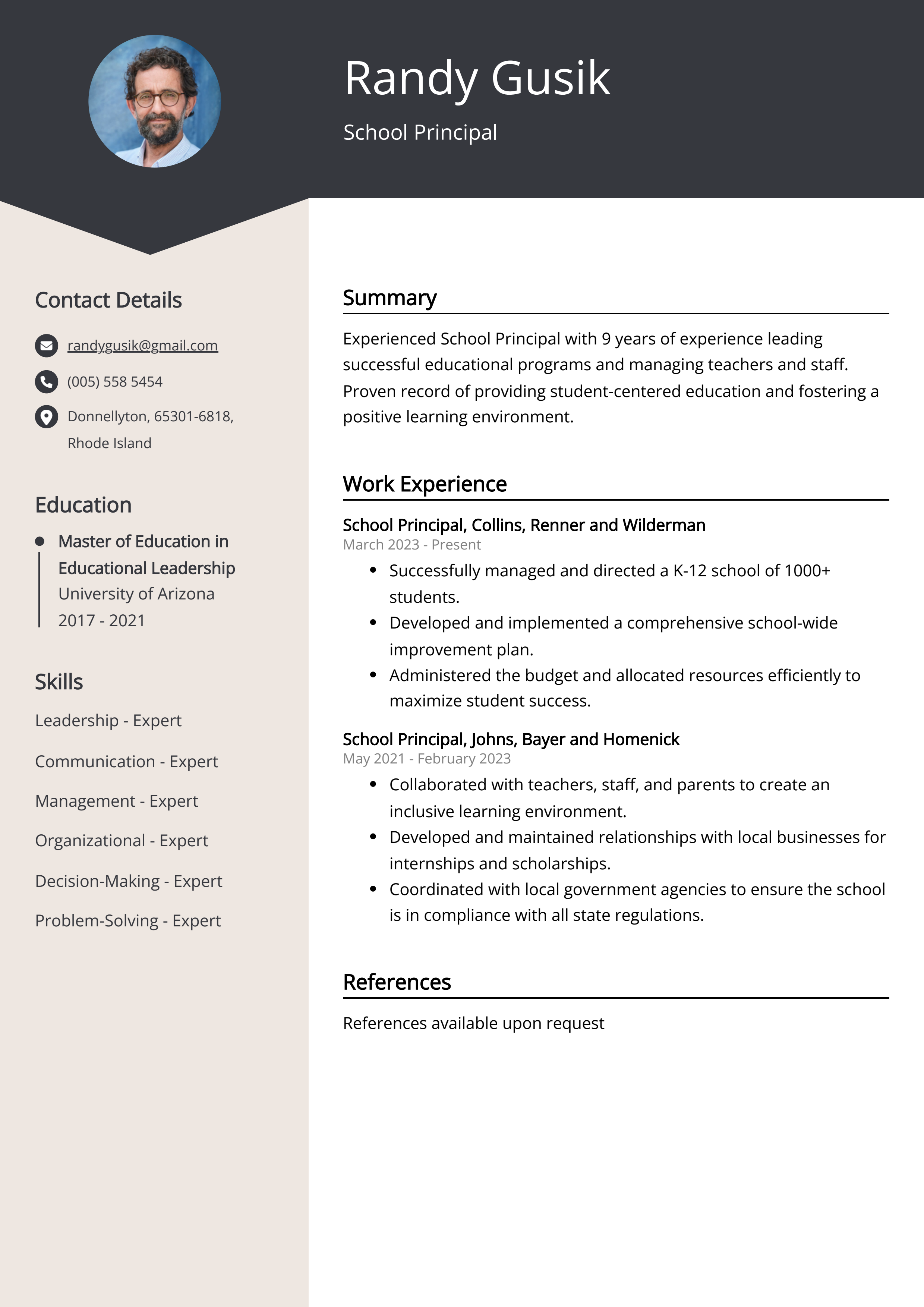 School Principal Resume Example