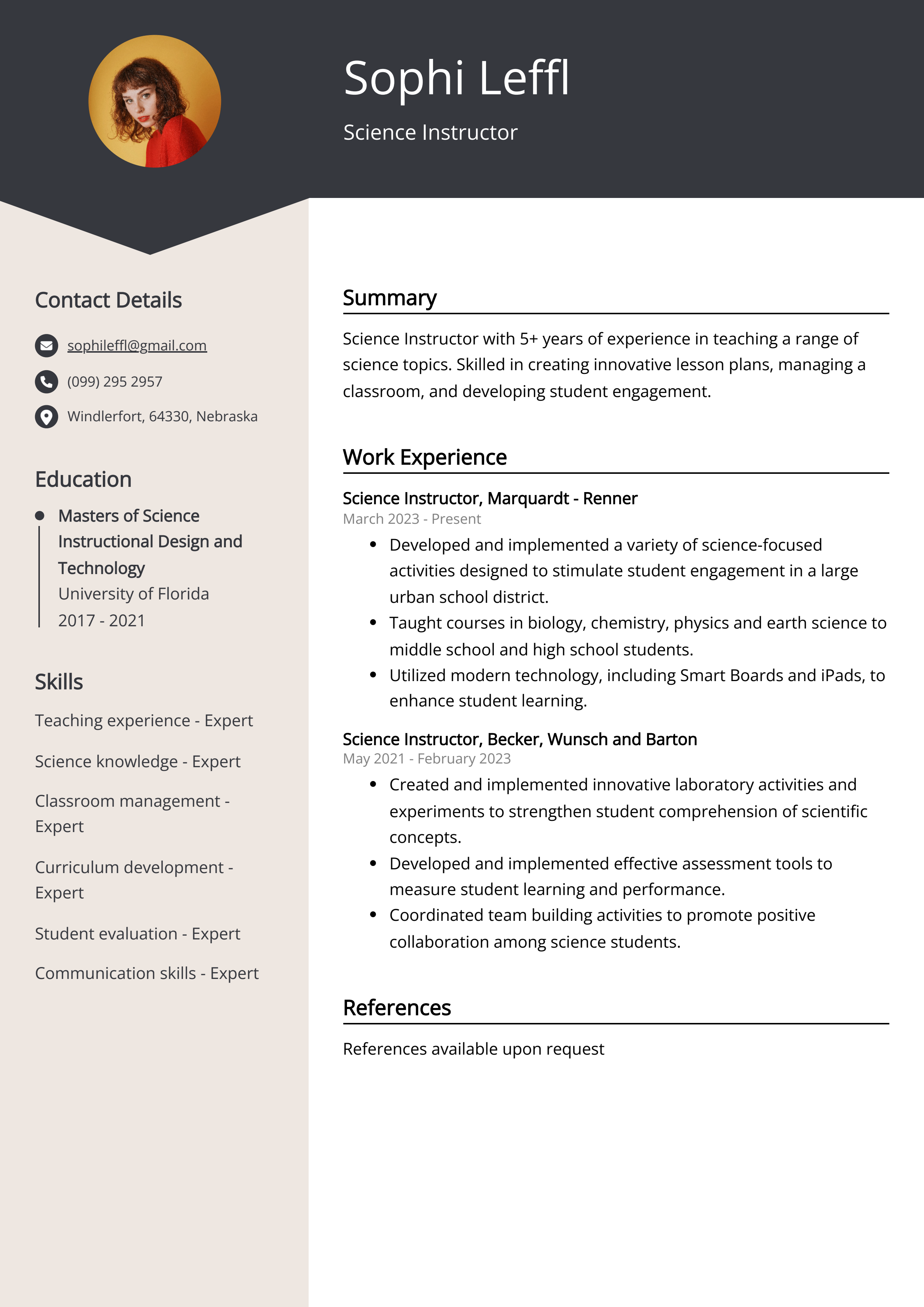 Science Instructor Resume Example