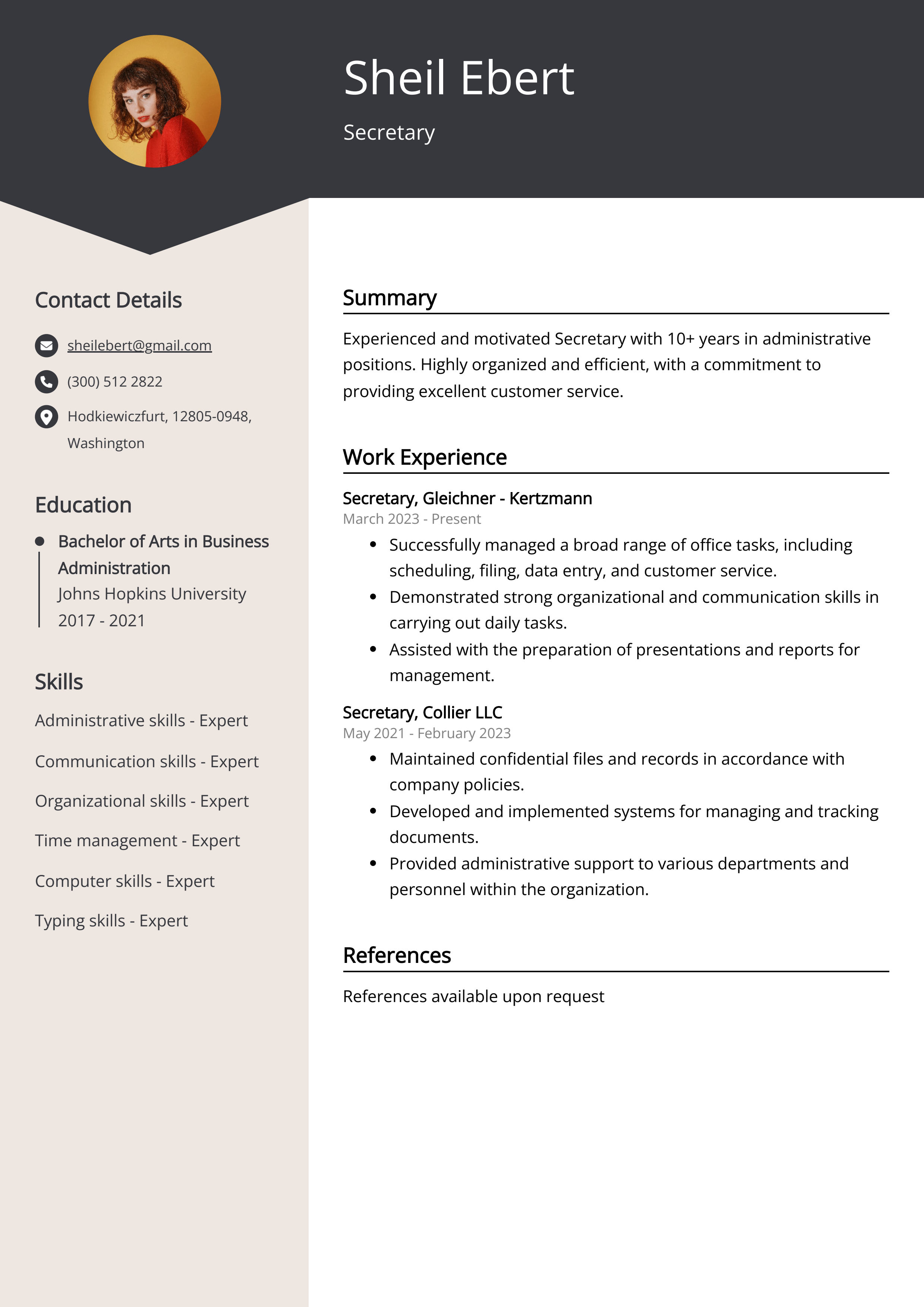 Secretary Resume Example