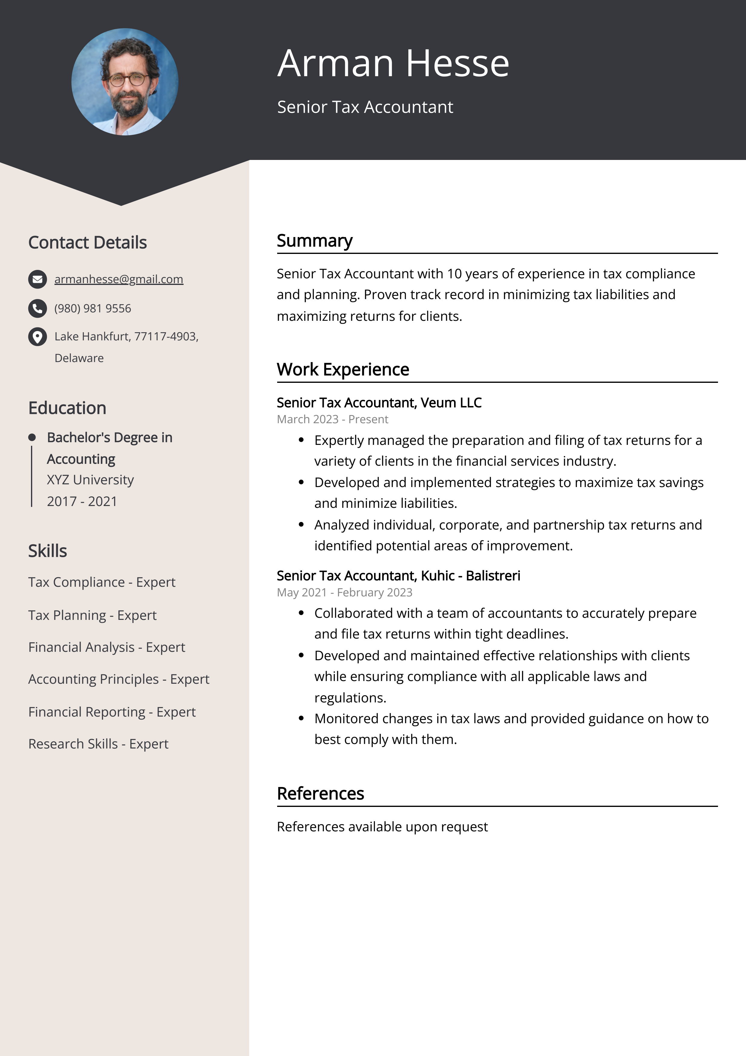 Senior Tax Accountant Resume Example