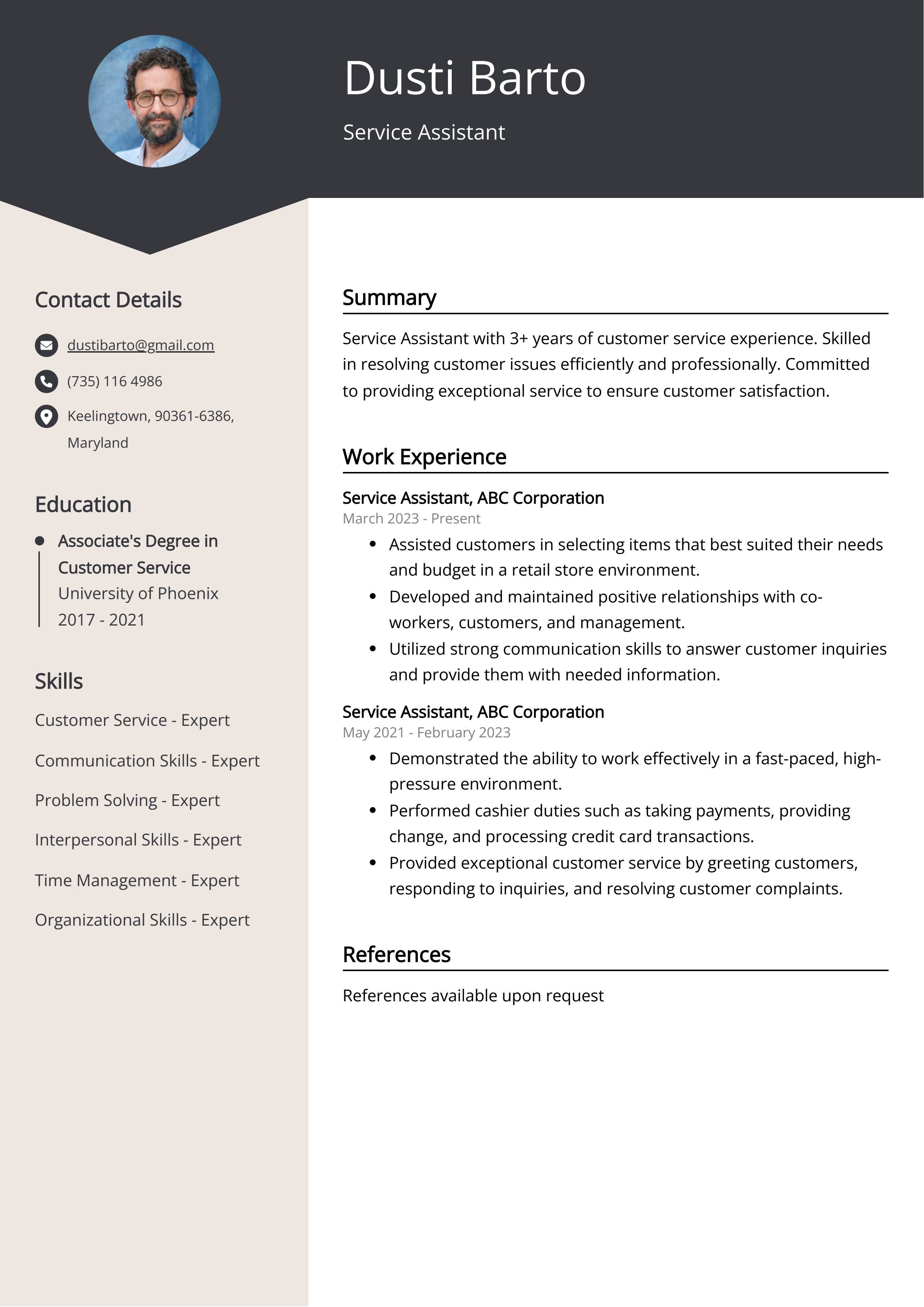 Service Assistant Resume Example