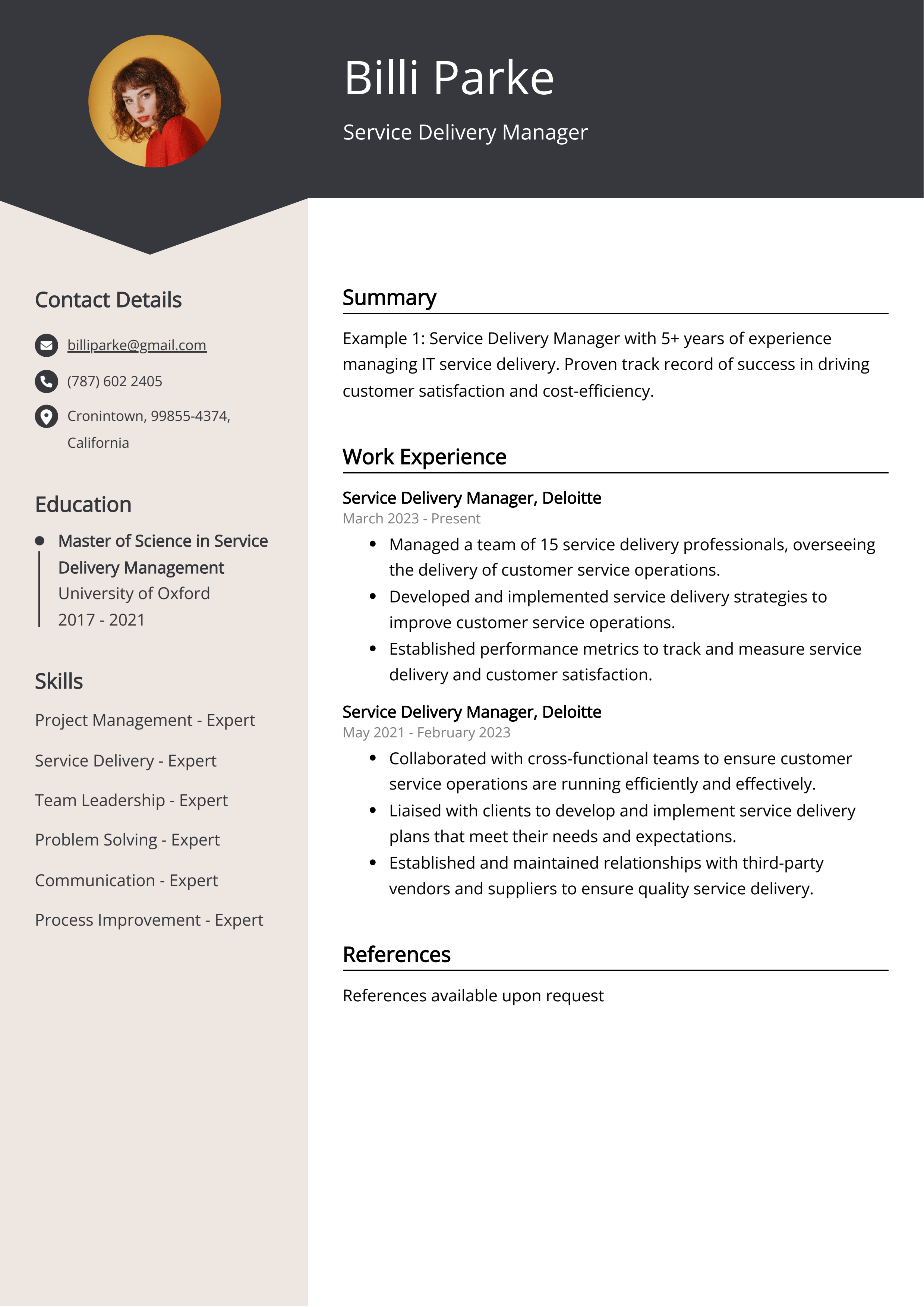 Service Delivery Manager Resume Example