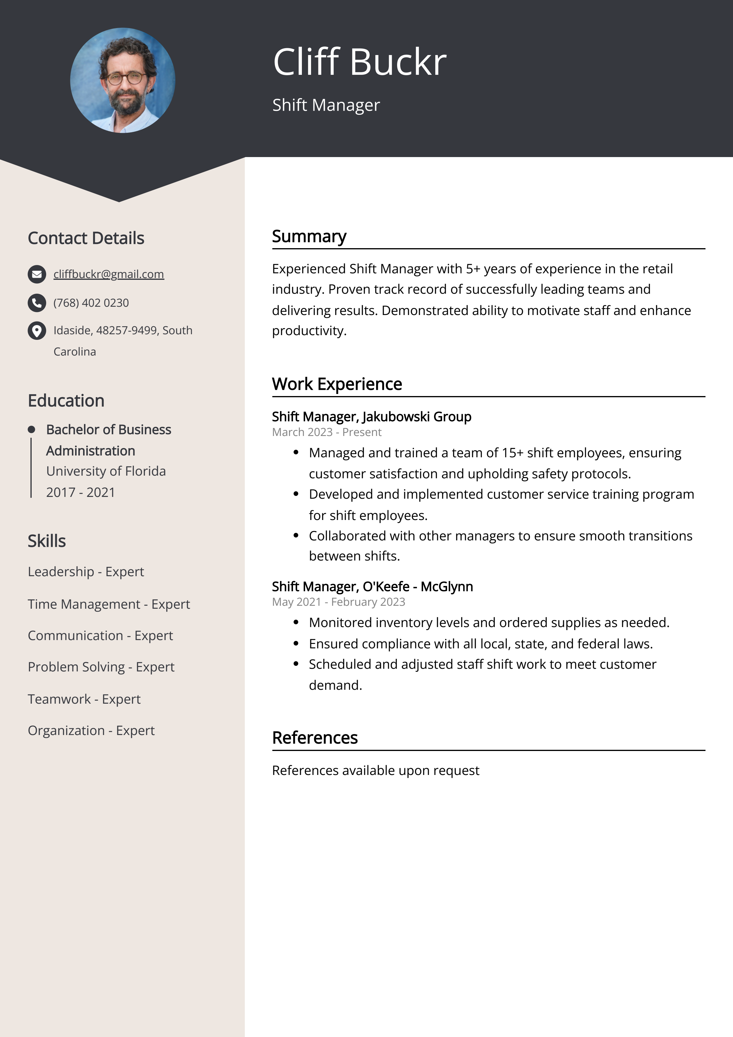 Shift Manager Resume Example